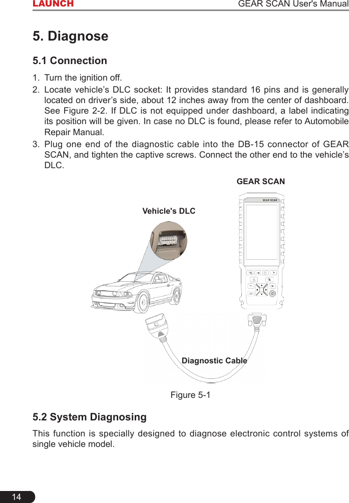 14LAUNCH                                                                   GEAR SCAN User&apos;s Manual5. Diagnose5.1 Connection1.  Turn the ignition off.2.  Locate vehicle’s DLC  socket:  It provides standard 16 pins and  is  generally located on driver’s side, about 12 inches away from the center of dashboard. See Figure  2-2. If DLC is  not equipped under dashboard,  a label indicating its position will be given. In case no DLC is found, please refer to Automobile Repair Manual.3.  Plug one end of the diagnostic cable into the DB-15 connector of GEAR SCAN, and tighten the captive screws. Connect the other end to the vehicle’s DLC.Diagnostic CableGEAR SCANVehicle&apos;s DLCFigure 5-15.2 System DiagnosingThis function is specially designed to diagnose electronic control systems of single vehicle model.