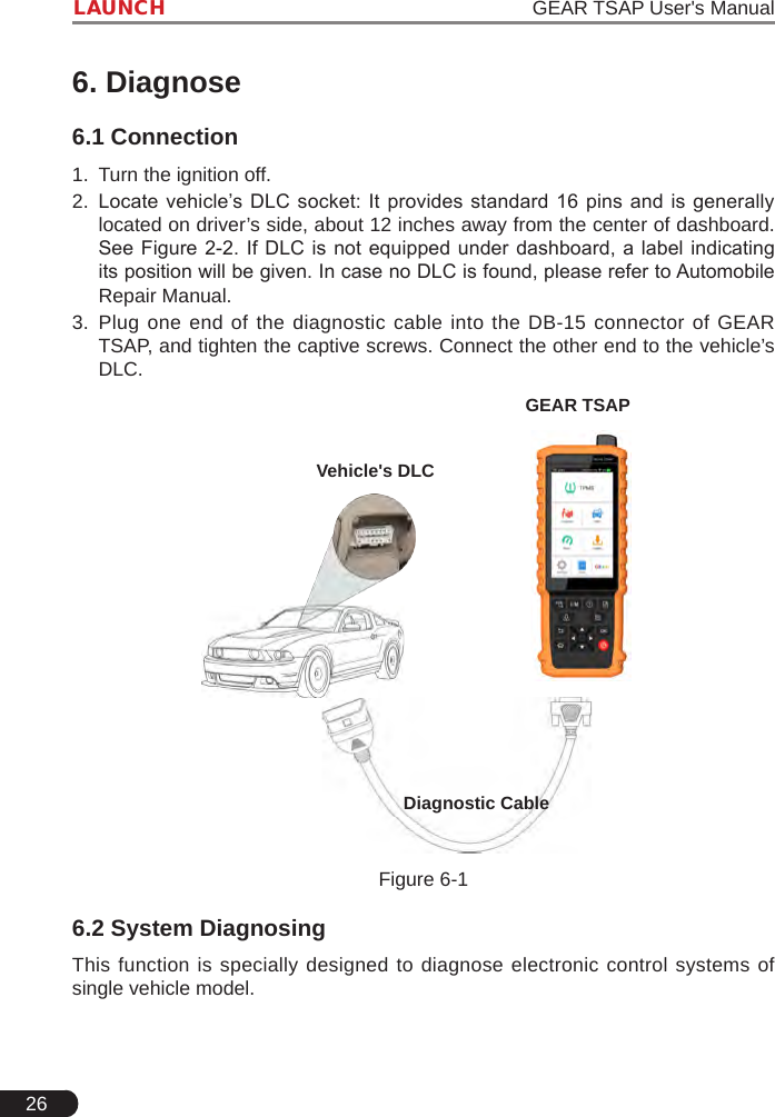 26LAUNCH                                                                   GEAR TSAP User&apos;s Manual6. Diagnose6.1 Connection1.  Turn the ignition off.2.  Locate vehicle’s DLC  socket:  It  provides  standard  16  pins  and  is  generally located on driver’s side, about 12 inches away from the center of dashboard. See Figure  2-2. If DLC is not equipped  under dashboard, a label indicating its position will be given. In case no DLC is found, please refer to Automobile Repair Manual.3.  Plug one end of the diagnostic cable into the DB-15 connector of GEAR TSAP, and tighten the captive screws. Connect the other end to the vehicle’s DLC.Diagnostic CableGEAR TSAPVehicle&apos;s DLCFigure 6-16.2 System DiagnosingThis function is specially designed to diagnose electronic control systems of single vehicle model.