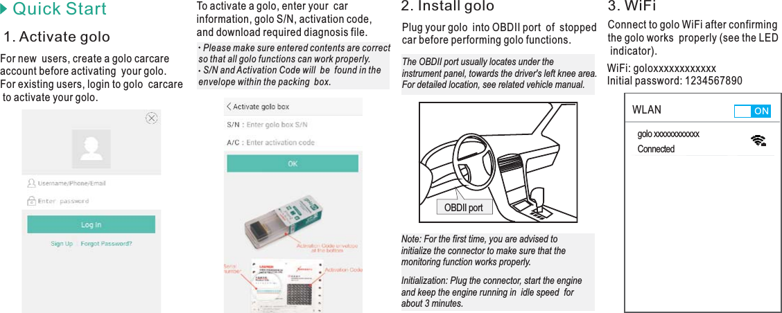 The OBDII port usually locates under theinstrument panel, .For detailed location, see related vehicle manual.towards the driver&apos;s left knee areaPlug your golo  into OBDII port  of  stoppedcar before performing golo functions.WLAN ONgolo xxxxxxxxxxxxConnectedConnect to golo WiFi after confirmingthe golo works  properly (see the LEDindicator).WiFi: goloxxxxxxxxxxxxInitial password: 1234567890OBDII portNote: For the first time, you are advised toinitialize the connector to make sure that themonitoring function works properly.2. Install golo 3. WiFi1. Activate goloInitialization: Plug the connector, start the engineand keep the engine running in  idle speed  forabout 3 minutes.For new  users, create a golo carcareaccount before activating  your golo.For existing users, login to golo  carcareto activate your golo.To activate a golo, enter your  carinformation, golo S/N, activation code,and download required diagnosis file.Please make sure entered contents are correctso that all golo functions can work properly.S/N and Activation Code will  be  found in theenvelope within the packing  box.Quick Start