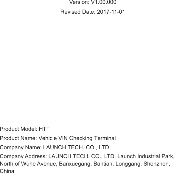 Page 1 of Launch Tech HTT Vehicle VIN Checking Terminal, Professional full vehicle model handheld diagnostic tool User Manual 