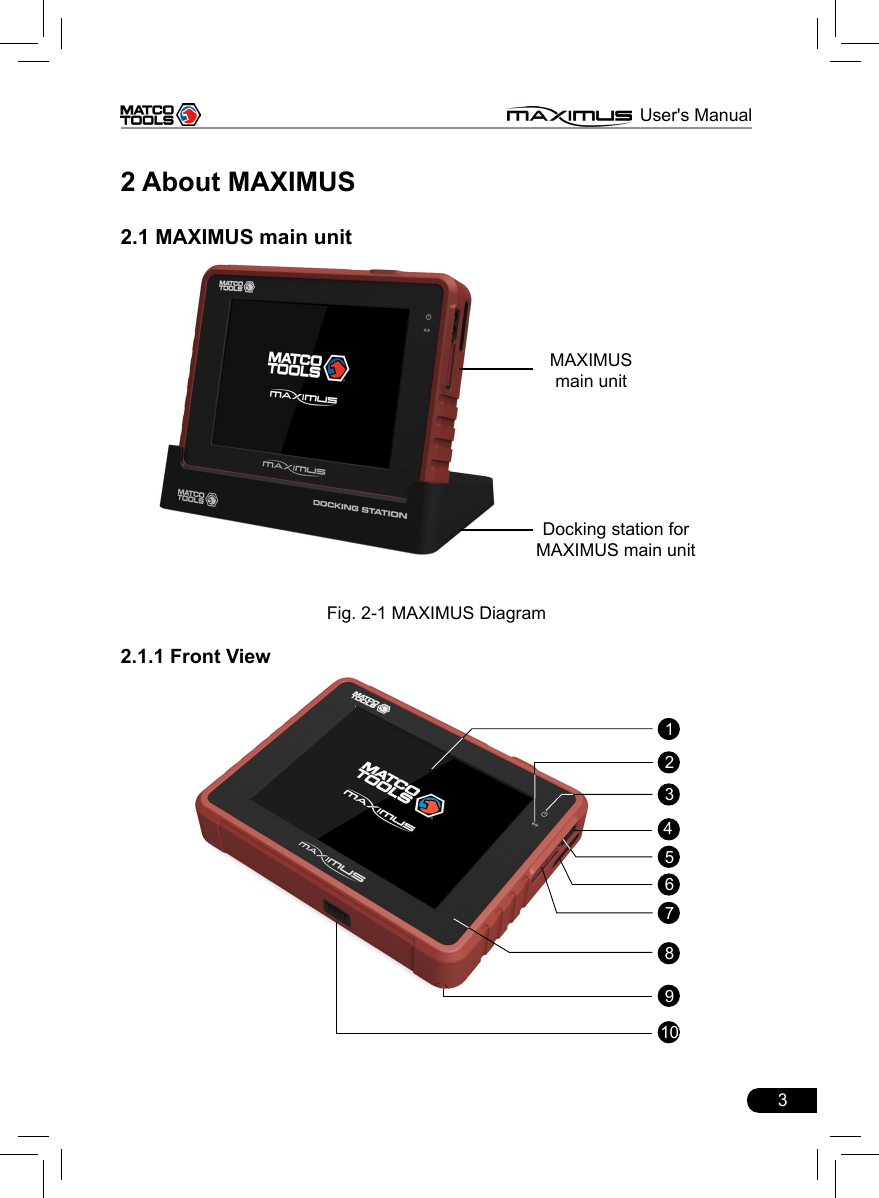 3                                                                    MAXIMUS User&apos;s Manual2 About MAXIMUS2.1 MAXIMUS main unitMAXIMUS main unitDocking station for MAXIMUS main unitFig. 2-1 MAXIMUS Diagram2.1.1 Front View12354671098