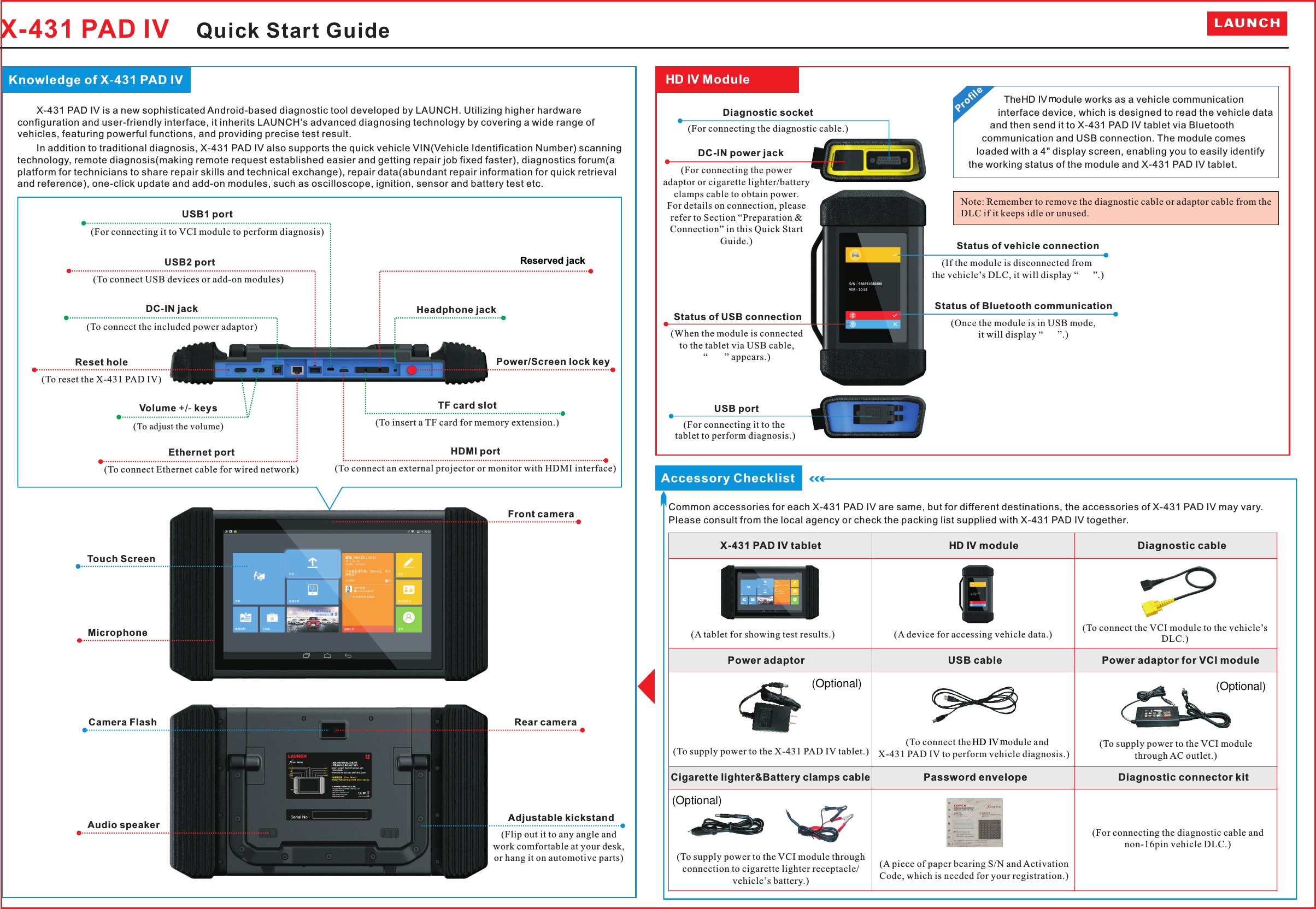 Knowledge of X-431 PAD IV X-431 PAD IV Quick Start GuideX-431 PAD IV is a new sophisticated Android-based diagnostic tool developed by LAUNCH. Utilizing higher hardware configuration and user-friendly interface, it inherits LAUNCH’s advanced diagnosing technology by covering a wide range of vehicles, featuring powerful functions, and providing precise test result.In addition to traditional diagnosis, X-431 PAD IV also supports the quick vehicle VIN(Vehicle Identification Number) scanning technology, remote diagnosis(making remote request established easier and getting repair job fixed faster), diagnostics forum(a platform for technicians to share repair skills and technical exchange), repair data(abundant repair information for quick retrieval and reference), one-click update and add-on modules, such as oscilloscope, ignition, sensor and battery test etc. Power/Screen lock keyHeadphone jackTF card slot(To insert a TF card for memory extension.)HDMI port(To connect an external projector or monitor with HDMI interface)Ethernet port(To connect Ethernet cable for wired network)Volume +/- keys(To adjust the volume)Reserved jack   Reset hole(To reset the X-431 PAD IV)DC-IN jack(To connect the included power adaptor) USB2 port(To connect USB devices or add-on modules)USB1 port(For connecting it to VCI module to perform diagnosis)Front cameraTouch ScreenRear cameraAdjustable kickstandAudio speakerCamera FlashAccessory ChecklistX-431 PAD IV tablet                         HD IV module                         Diagnostic cablePower adaptor                            USB cable                                   Power adaptor for VCI module                                 Password envelope                                Diagnostic connector kit(A tablet for showing test results.) (A device for accessing vehicle data.) (To connect the VCI module to the vehicle’s DLC.)(To supply power to the X-431 PAD IV tablet.)(To connect the HD IV module and X-431 PAD IV to perform vehicle diagnosis.) (To supply power to the VCI module through AC outlet.)(For connecting the diagnostic cable and non-16pin vehicle DLC.)Common accessories for each X-431 PAD IV are same, but for different destinations, the accessories of X-431 PAD IV may vary. Please consult from the local agency or check the packing list supplied with X-431 PAD IV together.work comfortable at your desk, or hang it on automotive parts)(Flip out it to any angle andHD IV ModuleDC-IN power jackStatus of vehicle connectionStatus of Bluetooth communicationDiagnostic socket(For connecting the diagnostic cable.)Status of USB connectionUSB port(For connecting the poweradaptor or cigarette lighter/battery clamps cable to obtain power. For details on connection, please refer to Section “Preparation &amp; Connection” in this Quick Start Guide.)(When the module is connected to the tablet via USB cable, “       ” appears.)(If the module is disconnected from the vehicle’s DLC, it will display “      ”.)(Once the module is in USB mode, it will display “      ”.)(For connecting it to the  tablet to perform diagnosis.)ProfileNote: Remember to remove the diagnostic cable or adaptor cable from the DLC if it keeps idle or unused.        The HD IV module works as a vehicle communication            interface device, which is designed to read the vehicle data         and then send it to X-431 PAD IV tablet via Bluetooth      communication and USB connection. The module comes    loaded with a 4&quot; display screen, enabling you to easily identify the working status of the module and X-431 PAD IV tablet.Microphone(To supply power to the VCI module through connection to cigarette lighter receptacle/vehicle’s battery.)(A piece of paper bearing S/N and Activation Code, which is needed for your registration.)Cigarette lighter&amp;Battery clamps cableLAUNCHTechnical parameters: Working voltage:9-36V Working temp.:-10℃-55℃ Communication via:   1) Bluetooth or 2) USB cableHow to supply power to the VCI module?1). Via power adaptor: Plug one end of the included power adaptor to the DC-IN jack of the module, and the other end to the AC outlet.2). Via cigarette lighter cable/battery clamps cable: Plug one end of the cigarette lighter/battery clamps cable to the DC-IN jack of the module, and the other end to the cigarette receptacle / vehicle&apos;s battery.Optional ½öÓÃÓÚÆÀ¹À¡£°æÈ¨ËùÓÐ (c) by Foxit Software Company, 2004ÓÉ Foxit PDF Editor ±à¼-Optional½öÓÃÓÚÆÀ¹À¡£°æÈ¨ËùÓÐ (c) by Foxit Software Company, 2004ÓÉ Foxit PDF Editor ±à¼-(spare)Optional½öÓÃÓÚÆÀ¹À¡£°æÈ¨ËùÓÐ (c) by Foxit Software Company, 2004ÓÉ Foxit PDF Editor ±à¼-(spare)½öÓÃÓÚÆÀ¹À¡£°æÈ¨ËùÓÐ (c) by Foxit Software Company, 2004ÓÉ Foxit PDF Editor ±à¼-(Optional) (Optional)(Optional)