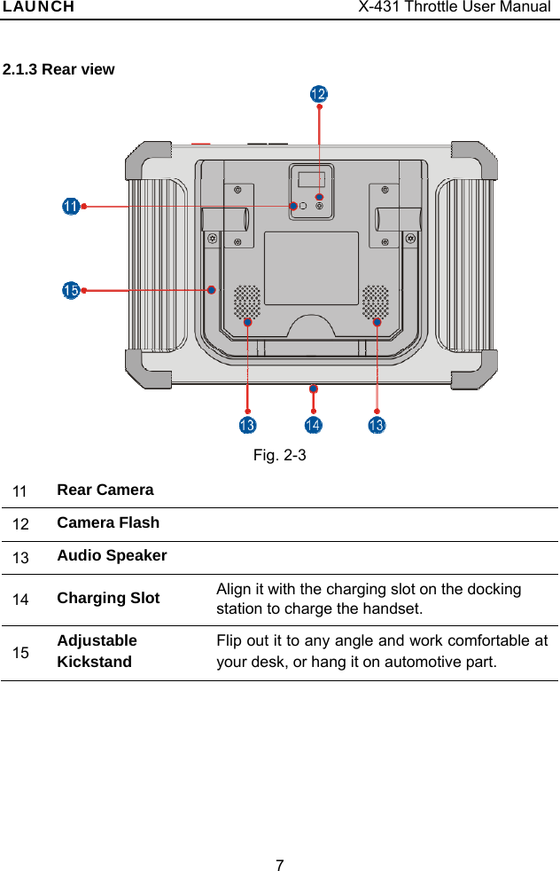 LAUNCH                                     X-431 Throttle User Manual 7 2.1.3 Rear view   Fig. 2-3 11  Rear Camera   12  Camera Flash   13  Audio Speaker 14  Charging Slot  Align it with the charging slot on the docking station to charge the handset. 15  Adjustable Kickstand Flip out it to any angle and work comfortable at your desk, or hang it on automotive part. 
