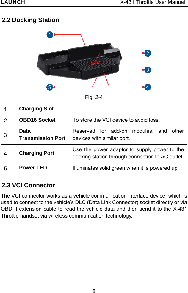 LAUNCH                                     X-431 Throttle User Manual 8 2.2 Docking Station   Fig. 2-4 1  Charging Slot   2  OBD16 Socket  To store the VCI device to avoid loss. 3  Data Transmission PortReserved for add-on modules, and other devices with similar port. 4  Charging Port  Use the power adaptor to supply power to the docking station through connection to AC outlet.5  Power LED  Illuminates solid green when it is powered up. 2.3 VCI Connector The VCI connector works as a vehicle communication interface device, which is used to connect to the vehicle’s DLC (Data Link Connector) socket directly or via OBD II extension cable to read the vehicle data and then send it to the X-431 Throttle handset via wireless communication technology. 