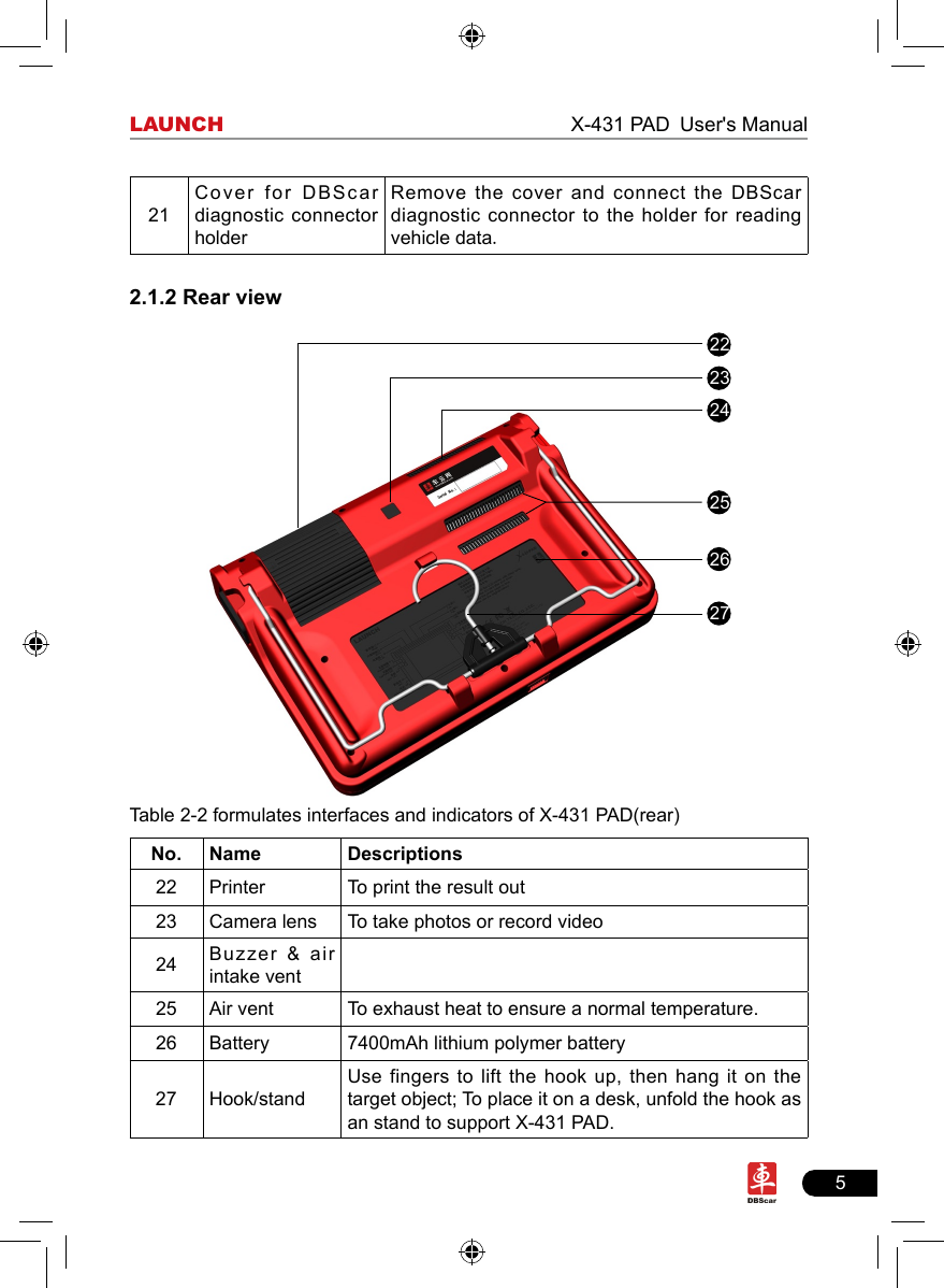 5LAUNCH                                                              X-431 PAD User&apos;s Manual21Cover for  DBScar diagnostic connector holderRemove  the  cover  and  connect  the  DBScar diagnostic connector to the holder for reading vehicle data.2.1.2 Rear view222324252627Table 2-2 formulates interfaces and indicators of X-431 PAD(rear)No. Name Descriptions22 Printer To print the result out23 Camera lens To take photos or record video24 Buzzer &amp; air intake vent25 Air vent To exhaust heat to ensure a normal temperature.26 Battery 7400mAh lithium polymer battery27 Hook/standUse fingers  to  lift  the hook up, then hang it on the target object; To place it on a desk, unfold the hook as an stand to support X-431 PAD.