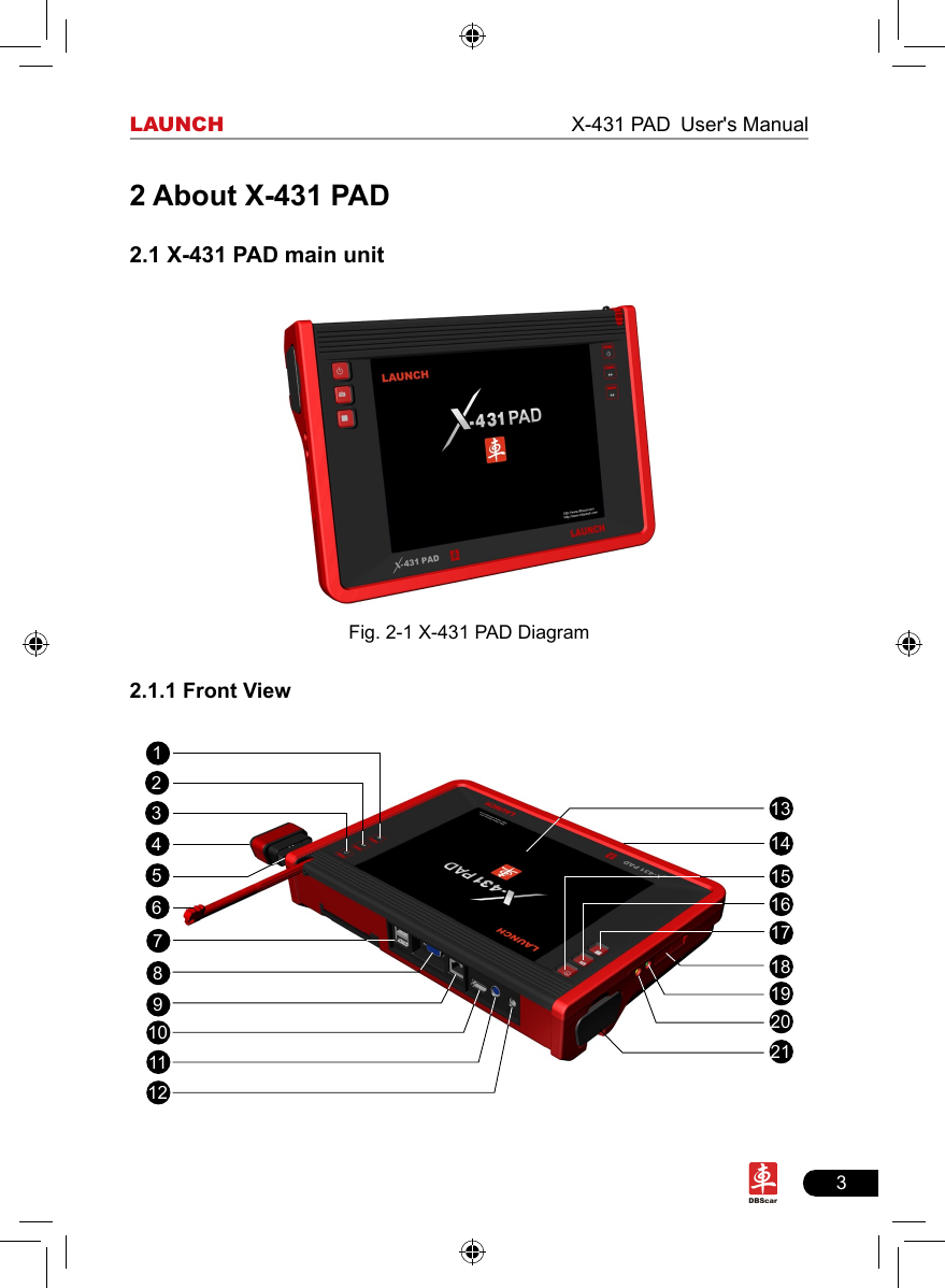 3LAUNCH                                                              X-431 PAD User&apos;s Manual2 About X-431 PAD2.1 X-431 PAD main unitFig. 2-1 X-431 PAD Diagram2.1.1 Front View123456789101112131415161718212019