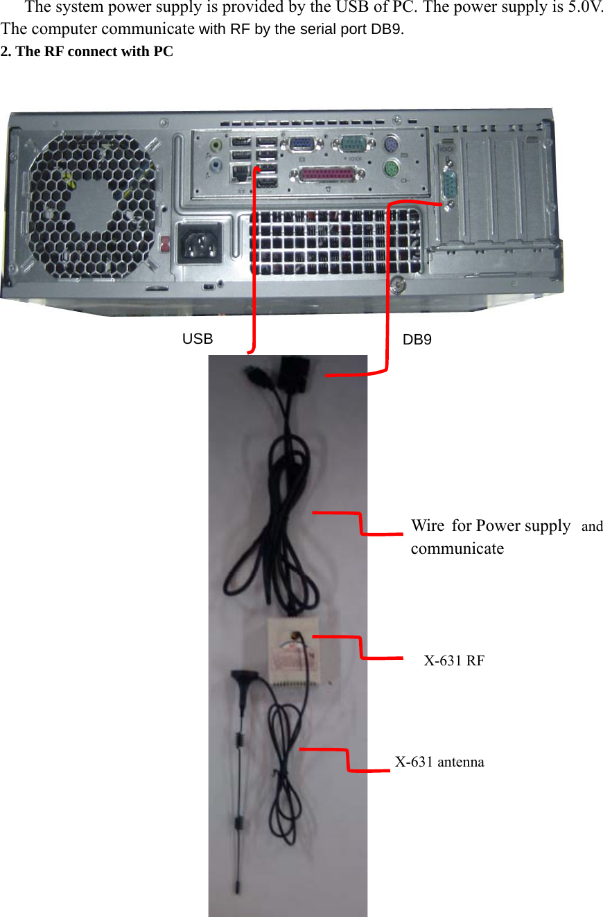  The system power supply is provided by the USB of PC. The power supply is 5.0V. The computer communicate with RF by the serial port DB9. 2. The RF connect with PC                               DB9 USB X-631 antenna   Wire for Power supply  and communicate X-631 RF    