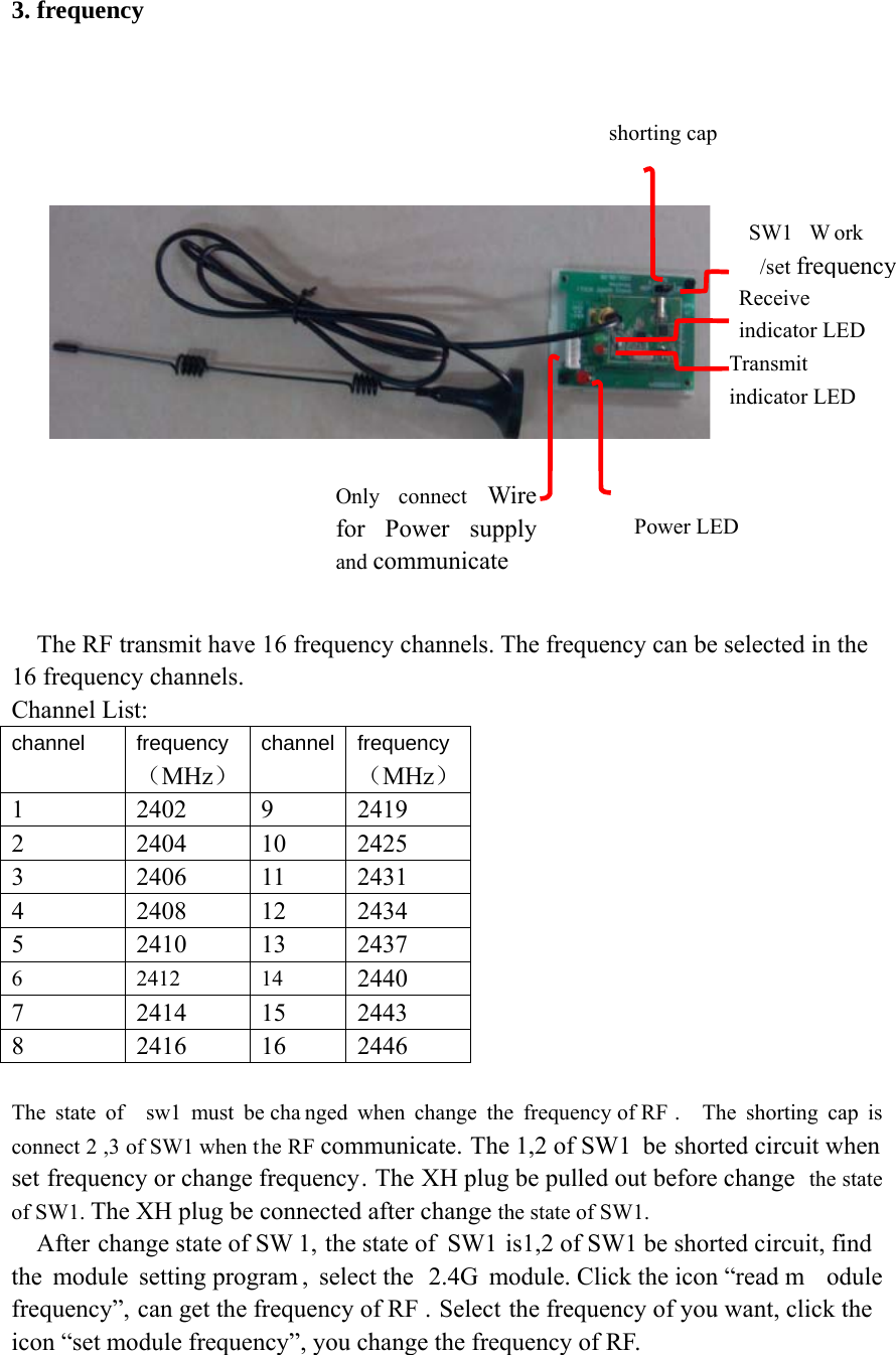   3. frequency                   The RF transmit have 16 frequency channels. The frequency can be selected in the 16 frequency channels. Channel List: channel frequency（MHz） channel frequency（MHz）1 2402 9 2419 2 2404 10 2425 3 2406 11 2431 4 2408 12 2434 5 2410 13 2437 6 2412 14 2440 7 2414 15 2443 8 2416 16 2446  The state of  sw1 must be cha nged when change the frequency of RF .  The shorting cap is connect 2 ,3 of SW1 when the RF communicate. The 1,2 of SW1  be shorted circuit when set frequency or change frequency. The XH plug be pulled out before change  the state of SW1. The XH plug be connected after change the state of SW1.       After change state of SW 1, the state of  SW1 is1,2 of SW1 be shorted circuit, find the module setting program , select the  2.4G module. Click the icon “read m odule frequency”, can get the frequency of RF . Select the frequency of you want, click the icon “set module frequency”, you change the frequency of RF. Only connect Wire for Power supply and communicatePower LED SW1  W ork  /set frequencyReceive indicator LEDTransmit indicator LED shorting cap 