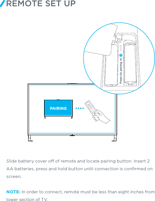 REMOTE SET UPPAIRINGSlide battery cover o of remote and locate pairing button. Insert 2 AA batteries, press and hold button until connection is conﬁrmed on screen.NOTE: In order to connect, remote must be less than eight inches from lower section of TV.