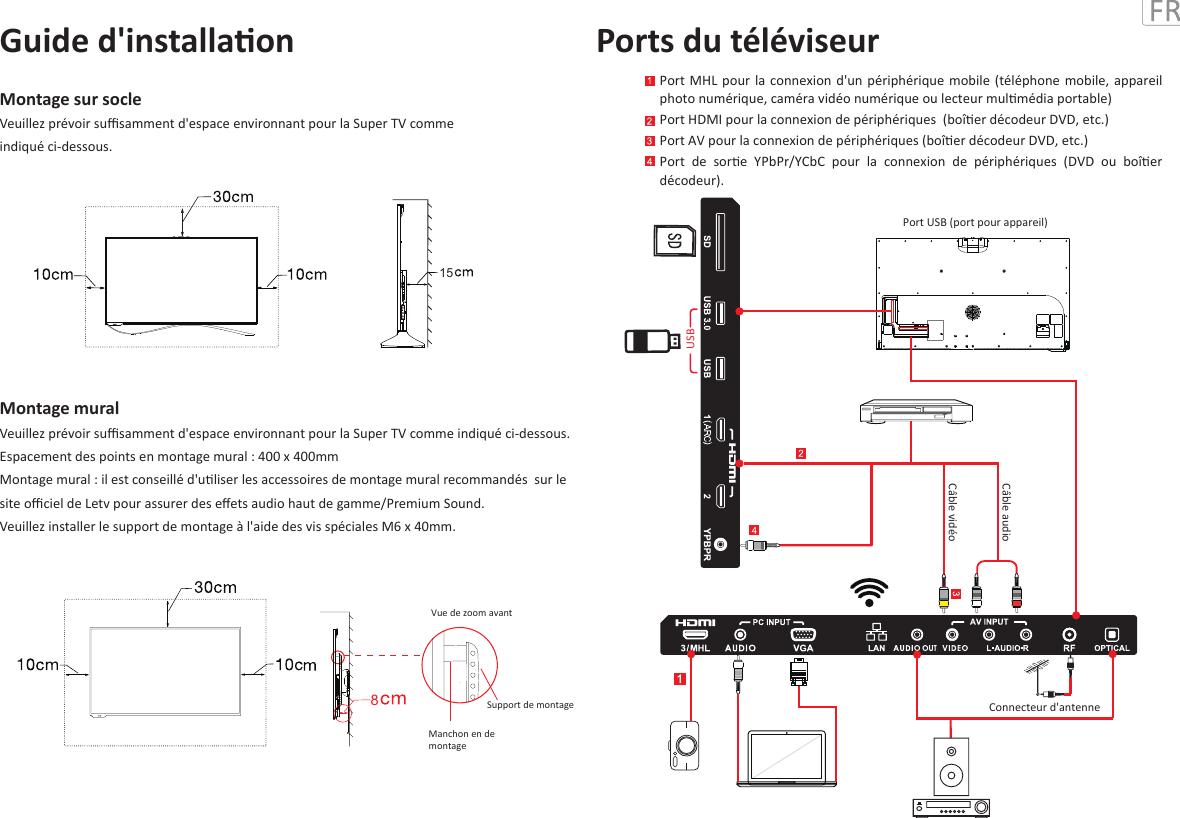 15Vue de zoom avant8Support de montageManchon en de montageMontage muralVeuillez prévoir suﬃsamment d&apos;espace environnant pour la Super TV comme indiqué ci-dessous. Espacement des points en montage mural : 400 x 400mmMontage mural : il est conseillé d&apos;uliser les accessoires de montage mural recommandés  sur le site oﬃciel de Letv pour assurer des eﬀets audio haut de gamme/Premium Sound. Veuillez installer le support de montage à l&apos;aide des vis spéciales M6 x 40mm.Montage sur socle Veuillez prévoir suﬃsamment d&apos;espace environnant pour la Super TV commeindiqué ci-dessous.Guide d&apos;installaonPort MHL pour  la  connexion d&apos;un  périphérique  mobile  (téléphone mobile,  appareil photo numérique, caméra vidéo numérique ou lecteur mulmédia portable)Port HDMI pour la connexion de périphériques  (boîer décodeur DVD, etc.)Port AV pour la connexion de périphériques (boîer décodeur DVD, etc.)Port  de  sore  YPbPr/YCbC  pour  la  connexion  de  périphériques  (DVD  ou  boîer décodeur).Ports du téléviseurCâble audioCâble vidéoConnecteur d&apos;antenneUSBPort USB (port pour appareil)