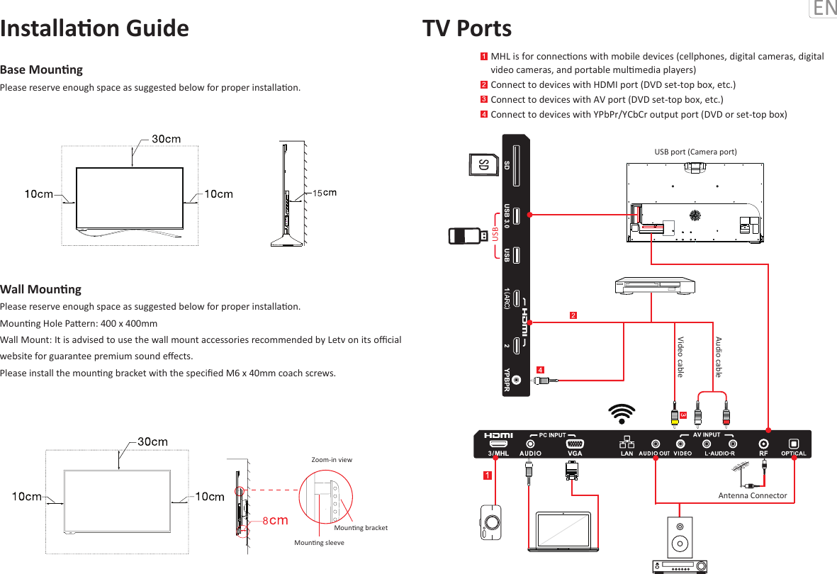 Wall MounngPlease reserve enough space as suggested below for proper installaon. Mounng Hole Paern: 400 x 400mm Wall Mount: It is advised to use the wall mount accessories recommended by Letv on its oﬃcial website for guarantee premium sound eﬀects. Please install the mounng bracket with the speciﬁed M6 x 40mm coach screws.Base Mounng Please reserve enough space as suggested below for proper installaon. Installaon Guide15Zoom-in view8Mounng bracketMounng sleeveAudio cableVideo cableAntenna ConnectorUSBUSB port (Camera port)MHL is for connecons with mobile devices (cellphones, digital cameras, digital video cameras, and portable mulmedia players) Connect to devices with HDMI port (DVD set-top box, etc.) Connect to devices with AV port (DVD set-top box, etc.) Connect to devices with YPbPr/YCbCr output port (DVD or set-top box)TV Ports