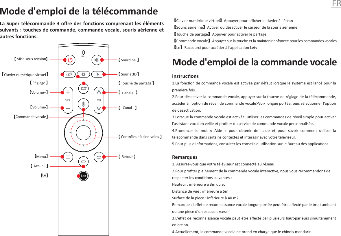 MIC【 】【 】【 】【 】【 】【 】【 】【 】【 】【 】【 】【 】【 】【 】【 】【 】Mise sous tensionClavier numérique virtuelRéglageVolume+Volume-Commande vocaleMenuAccueilLeSourdineSouris 3DTouche de partageCanal+Canal-Contrôleur à cinq voiesRetourLa Super télécommande 3 oﬀre des foncons comprenant les éléments suivants : touches de commande, commande vocale, souris aérienne et autres foncons.【Clavier numérique virtuel】Appuyer pour aﬃcher le clavier à l&apos;écran【Souris aérienne】Acver ou désacver le curseur de la souris aérienne【Touche de partage】Appuyer pour acver le partage【Commande vocale】Appuyer sur la touche et la maintenir enfoncée pour les commandes vocales【Le】Raccourci pour accéder à l&apos;applicaon LetvInstrucons1.La foncon de commande vocale est acvée par défaut lorsque le système est lancé pour la première fois.2.Pour désacver la commande vocale, appuyer sur la touche de réglage de la télécommande, accéder à l&apos;opon de réveil de commande vocale&gt;Voix longue portée, puis séleconner l&apos;opon de désacvaon.3.Lorsque la commande vocale est acvée, uliser les commandes de réveil simple pour acver l&apos;assistant vocal en veille et proﬁter du service de commande vocale personnalisée.4.Prononcer  le  mot  «  Aide  »  pour  obtenir  de  l&apos;aide  et  pour  savoir  comment  uliser  la télécommande dans certains contextes et interagir avec votre téléviseur.5.Pour plus d&apos;informaons, consulter les conseils d&apos;ulisaon sur le Bureau des applicaons.Remarques1. Assurez-vous que votre téléviseur est connecté au réseau2.Pour proﬁter pleinement de la commande vocale interacve, nous vous recommandons derespecter les condions suivantes :Hauteur : inférieure à 3m du solDistance de vue : inférieure à 5mSurface de la pièce : inférieure à 40 m2.Remarque : l&apos;eﬀet de reconnaissance vocale longue portée peut être aﬀecté par le bruit ambiant ou une pièce d&apos;un espace excessif.3.L&apos;eﬀet de reconnaissance vocale peut être aﬀecté par plusieurs haut-parleurs simultanément en acon.4.Actuellement, la commande vocale ne prend en charge que le chinois mandarin.Mode d&apos;emploi de la commande vocaleMode d&apos;emploi de la télécommande