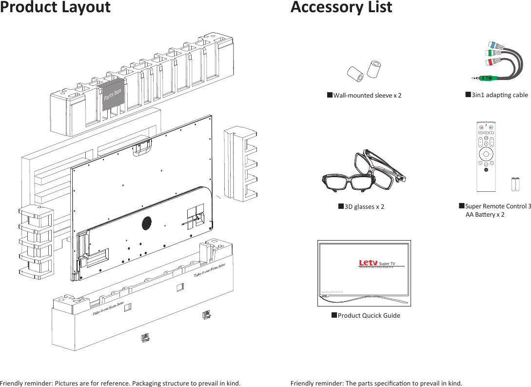 Product Layout Accessory List■Super Remote Control 3      AA Baery x 2MIC■3in1 adapng cable  ■Wall-mounted sleeve x 2■3D glasses x 2   Please read the instrucon carefully before useMax3-65 Product Quick Guide V1.0Super TV■Product Qucick Guide   Friendly reminder: The parts speciﬁcaon to prevail in kind. Friendly reminder: Pictures are for reference. Packaging structure to prevail in kind. Take it out from hereTake it out from hereParts box