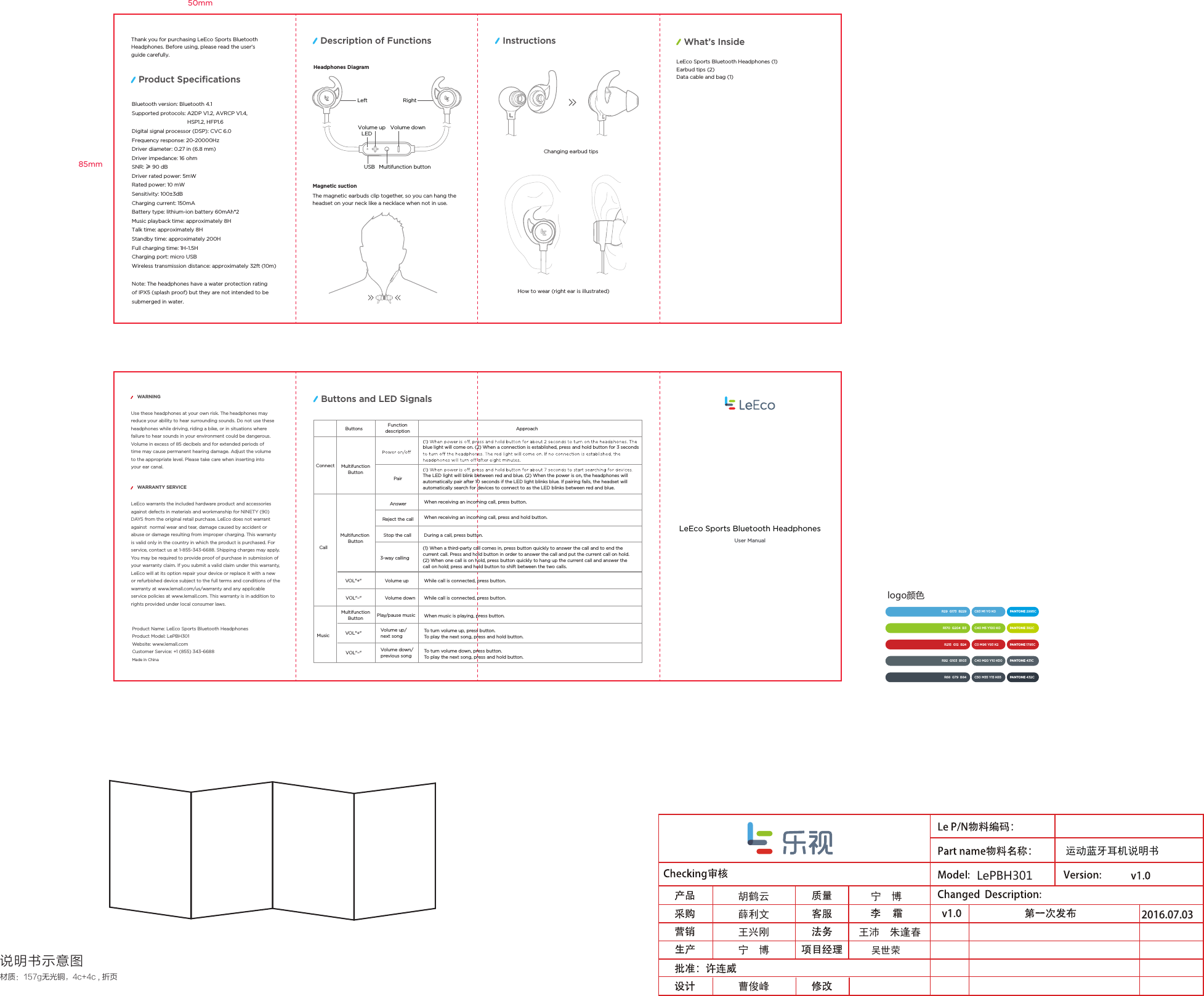 WARNINGUse these headphones at your own risk. The headphones may reduce your ability to hear surrounding sounds. Do not use these headphones while driving, riding a bike, or in situations where failure to hear sounds in your environment could be dangerous. Volume in excess of 85 decibels and for extended periods of time may cause permanent hearing damage. Adjust the volume to the appropriate level. Please take care when inserting into your ear canal.说明书示意图R29  G173  B229R170  G204  B3R215  G12  B24R92  G103  B103R68  G79  B84C83 M1 Y0 K0C40 M5 Y100 K0C0 M96 Y93 K2C40 M20 Y10 K50C50 M35 Y15 K65PANTONE 2995CPANTONE 382CPANTONE 1795CPANTONE 431CPANTONE 432Clogo颜色曹俊峰胡鹤云薛利文王兴刚宁  博宁  博王沛  朱逢春吴世荣2016.07.03运动蓝牙耳机说明书LePBH301材质：157g无光铜，4c+4c , 折页User ManualLeEco Sports Bluetooth HeadphonesProduct SpeciﬁcationsBluetooth version: Bluetooth 4.1Supported protocols: A2DP V1.2, AVRCP V1.4,                                     HSP1.2, HFP1.6Digital signal processor (DSP): CVC 6.0Frequency response: 20-20000HzDriver diameter: 0.27 in (6.8 mm)Driver impedance: 16 ohmSNR: ≥ 90 dBDriver rated power: 5mWRated power: 10 mWSensitivity: 100±3dBCharging current: 150mABattery type: lithium-ion battery 60mAh*2Music playback time: approximately 8HTalk time: approximately 8HStandby time: approximately 200HFull charging time: 1H~1.5HCharging port: micro USBWireless transmission distance: approximately 32ft (10m)Note: The headphones have a water protection rating of IPX5 (splash proof) but they are not intended to be submerged in water.Changing earbud tipsHow to wear (right ear is illustrated)Left LEDVolume downMultifunction buttonVolume upUSBRight50mm85mmMagnetic suctionHeadphones DiagramThe magnetic earbuds clip together, so you can hang the headset on your neck like a necklace when not in use.Product Name: LeEco Sports Bluetooth HeadphonesProduct Model: LePBH301Website: www.lemall.comCustomer Service: +1 (855) 343-6688Made in ChinaButtons Functiondescription Approachblue light will come on. (2) When a connection is established, press and hold button for 3 seconds When receiving an incoming call, press button.When receiving an incoming call, press and hold button.During a call, press button.(1) When a third-party call comes in, press button quickly to answer the call and to end the current call. Press and hold button in order to answer the call and put the current call on hold. (2) When one call is on hold, press button quickly to hang up the current call and answer the call on hold; press and hold button to shift between the two calls.While call is connected, press button.While call is connected, press button.PairAnswerReject the callStop the call 3-way callingVolume upVolume downPlay/pause music Volume up/next songVolume down/previous songWhen music is playing, press button.To turn volume up, press button. To play the next song, press and hold button.  To turn volume down, press button. To play the next song, press and hold button.  VOL&quot;–&quot;VOL&quot;+&quot;VOL&quot;–&quot;VOL&quot;+&quot;MultifunctionButtonMultifunction ButtonMultifunctionButtonConnectCallMusicThe LED light will blink between red and blue. (2) When the power is on, the headphones will automatically pair after 10 seconds if the LED light blinks blue. If pairing fails, the headset will automatically search for devices to connect to as the LED blinks between red and blue.Description of FunctionsLeEco Sports Bluetooth Headphones (1)Earbud tips (2)Data cable and bag (1)What’s InsideInstructionsButtons and LED SignalsThank you for purchasing LeEco Sports Bluetooth Headphones. Before using, please read the user&apos;s guide carefully.WARRANTY SERVICELeEco warrants the included hardware product and accessories against defects in materials and workmanship for NINETY (90) DAYS from the original retail purchase. LeEco does not warrant against  normal wear and tear, damage caused by accident or abuse or damage resulting from improper charging. This warranty is valid only in the country in which the product is purchased. For service, contact us at 1-855-343-6688. Shipping charges may apply. You may be required to provide proof of purchase in submission of your warranty claim. If you submit a valid claim under this warranty, LeEco will at its option repair your device or replace it with a new or refurbished device subject to the full terms and conditions of the warranty at www.lemall.com/us/warranty and any applicable service policies at www.lemall.com. This warranty is in addition to rights provided under local consumer laws.