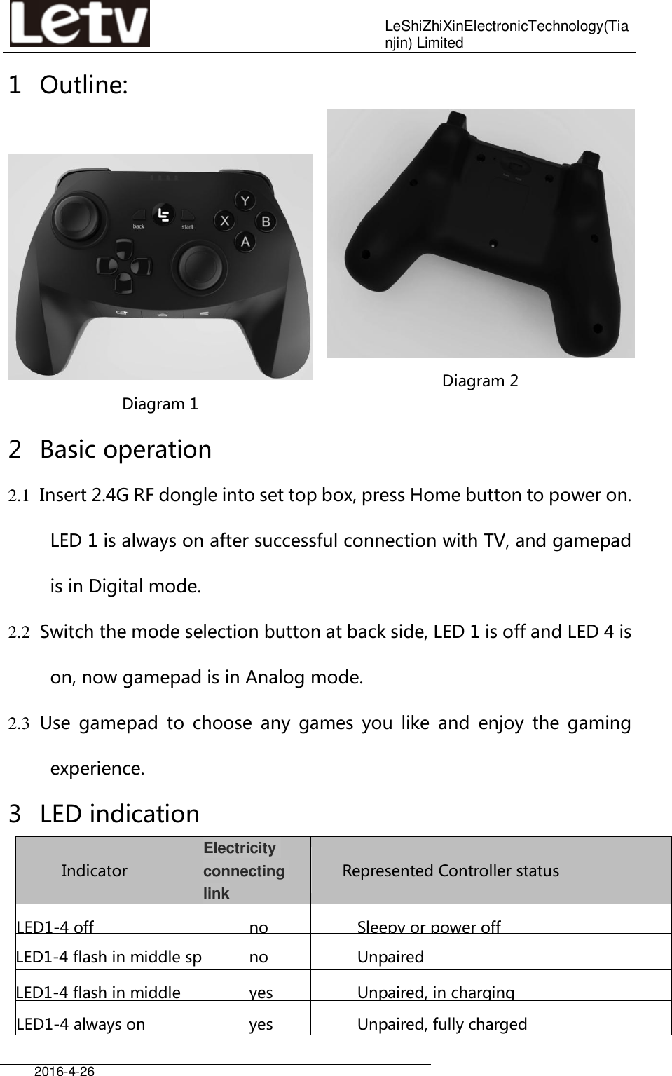    LeShiZhiXinElectronicTechnology(Tianjin) Limited  2016-4-26     1 Outline: · Diagram 1    Diagram 2 2 Basic operation 2.1 Insert 2.4G RF dongle into set top box, press Home button to power on. LED 1 is always on after successful connection with TV, and gamepad is in Digital mode. 2.2 Switch the mode selection button at back side, LED 1 is off and LED 4 is on, now gamepad is in Analog mode. 2.3 Use  gamepad  to  choose  any  games  you  like  and  enjoy  the  gaming experience. 3 LED indication Indicator Electricity connecting link     Represented Controller status LED1-4 off no Sleepy or power off LED1-4 flash in middle speed no Unpaired LED1-4 flash in middle speed yes Unpaired, in charging LED1-4 always on yes Unpaired, fully charged 