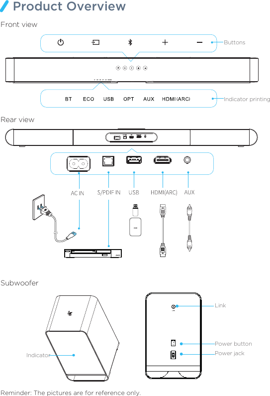 Product OverviewReminder: The pictures are for reference only.LinkPower buttonPower jackFront viewRear viewSubwooferButtonsIndicator printingIndicator 