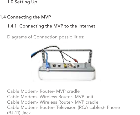 1.0 Setting Up                                                                                 71.4.1  Connecting the MVP to the InternetDiagrams of Connection possibilities:Cable Modem- Router- MVP cradleCable Modem- Wireless Router- MVP unitCable Modem- Wireless Router- MVP cradleCable Modem- Router- Television (RCA cables)- Phone (RJ-11) Jack1.4 Connecting the MVP
