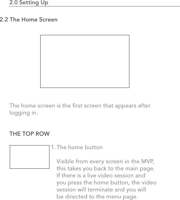 The home screen is the ﬁrst screen that appears after logging in.THE TOP ROW1.2.0 Setting Up                                                                                332.2 The Home ScreenThe home buttonVisible from every screen in the MVP, this takes you back to the main page.  If there is a live video session and you press the home button, the video session will terminate and you will be directed to the menu page.