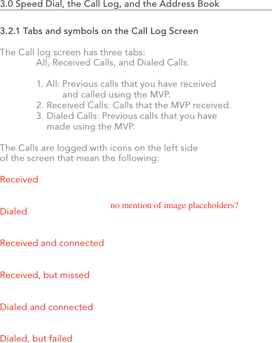 593.2.1 Tabs and symbols on the Call Log ScreenThe Call log screen has three tabs:   All, Received Calls, and Dialed Calls.  1. All: Previous calls that you have received             and called using the MVP.   2. Received Calls: Calls that the MVP received.  3. Dialed Calls: Previous calls that you have       made using the MVP.The Calls are logged with icons on the left side of the screen that mean the following:ReceivedDialedReceived and connectedReceived, but missedDialed and connectedDialed, but failed3.0 Speed Dial, the Call Log, and the no mention of image placeholders?3.0 Speed Dial, the Call Log, and the Address Book                    