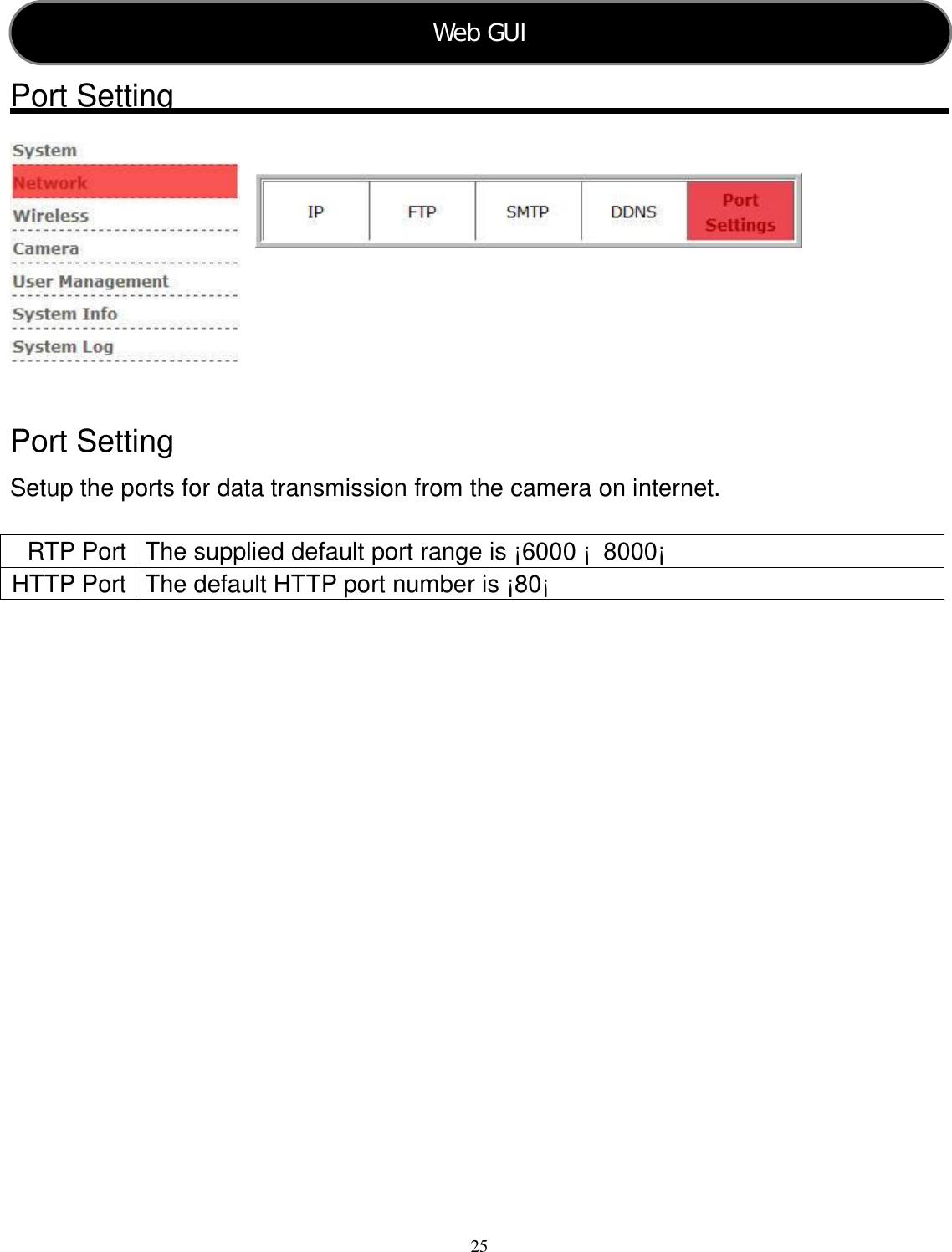  25   Port Setting          Port Setting Setup the ports for data transmission from the camera on internet.  RTP Port The supplied default port range is ¡6000 ¡  8000¡ HTTP Port The default HTTP port number is ¡80¡                    Web GUI   