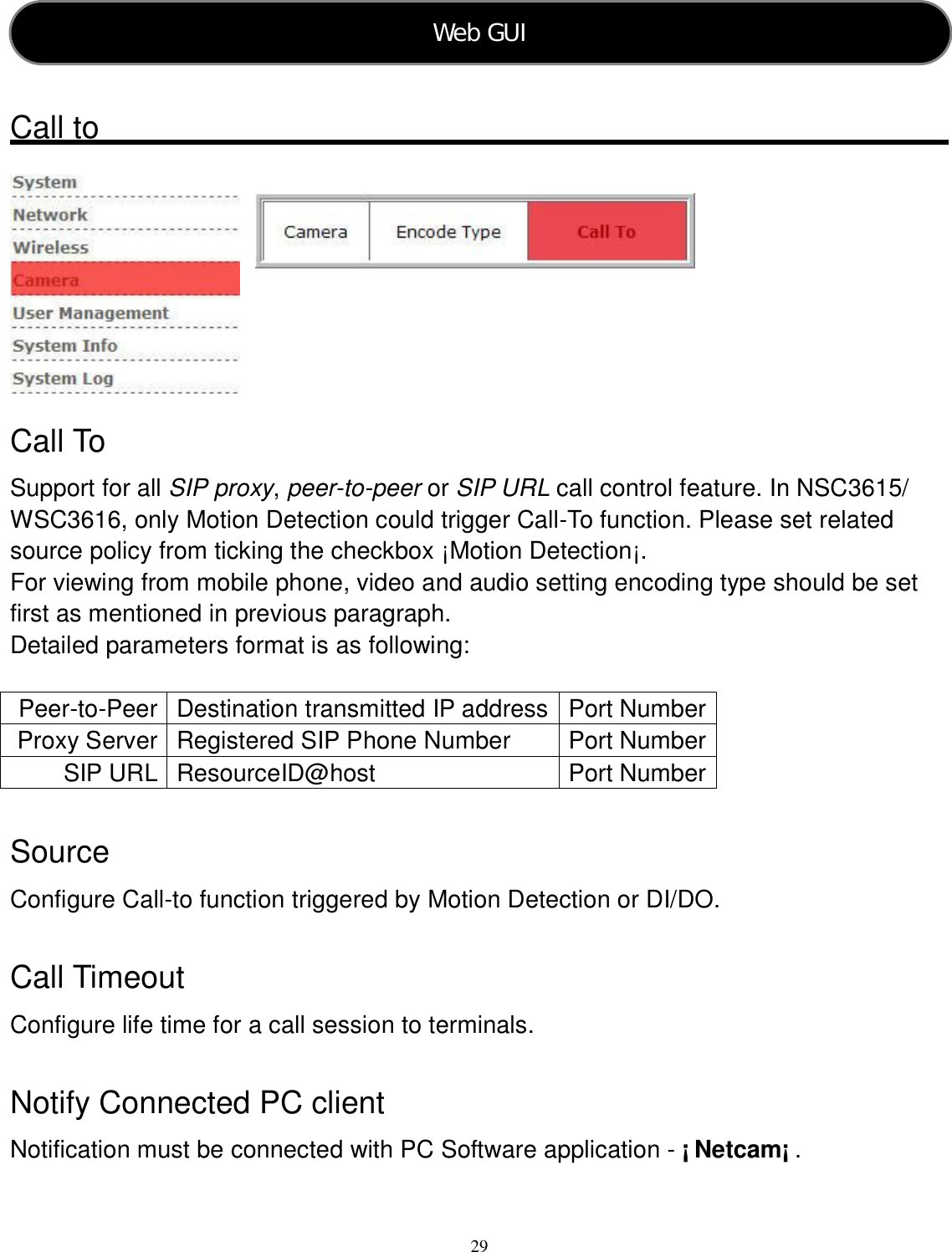  29    Call to         Call To   Support for all SIP proxy, peer-to-peer or SIP URL call control feature. In NSC3615/ WSC3616, only Motion Detection could trigger Call-To function. Please set related source policy from ticking the checkbox ¡Motion Detection¡. For viewing from mobile phone, video and audio setting encoding type should be set first as mentioned in previous paragraph. Detailed parameters format is as following:  Peer-to-Peer Destination transmitted IP address Port Number Proxy Server Registered SIP Phone Number  Port Number SIP URL ResourceID@host  Port Number  Source Configure Call-to function triggered by Motion Detection or DI/DO.  Call Timeout Configure life time for a call session to terminals.  Notify Connected PC client Notification must be connected with PC Software application - ¡ Netcam¡ .  Web GUI   