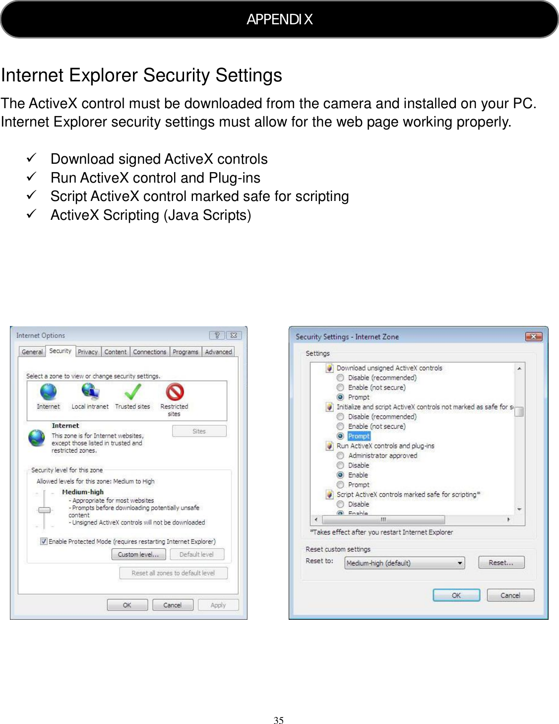  35     Internet Explorer Security Settings The ActiveX control must be downloaded from the camera and installed on your PC. Internet Explorer security settings must allow for the web page working properly.    Download signed ActiveX controls   Run ActiveX control and Plug-ins   Script ActiveX control marked safe for scripting   ActiveX Scripting (Java Scripts)                          APPENDIX  