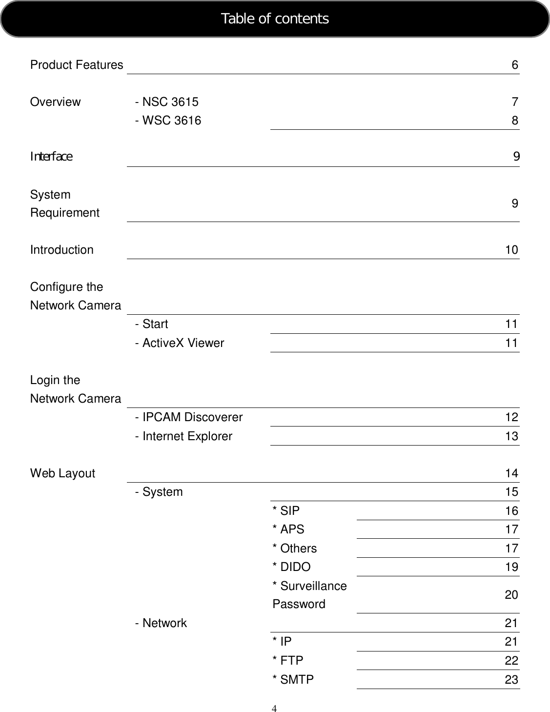  4     Product Features       6          Overview    - NSC 3615      7     - WSC 3616       8           Interface            9          System Requirement         9          Introduction        10          Configure the Network Camera             - Start       11     - ActiveX Viewer       11           Login the Network Camera             - IPCAM Discoverer       12     - Internet Explorer       13           Web Layout         14     - System       15     * SIP     16     * APS     17       * Others     17       * DIDO     19       * Surveillance Password     20     - Network       21     * IP     21     * FTP     22       * SMTP     23 Table of contents 