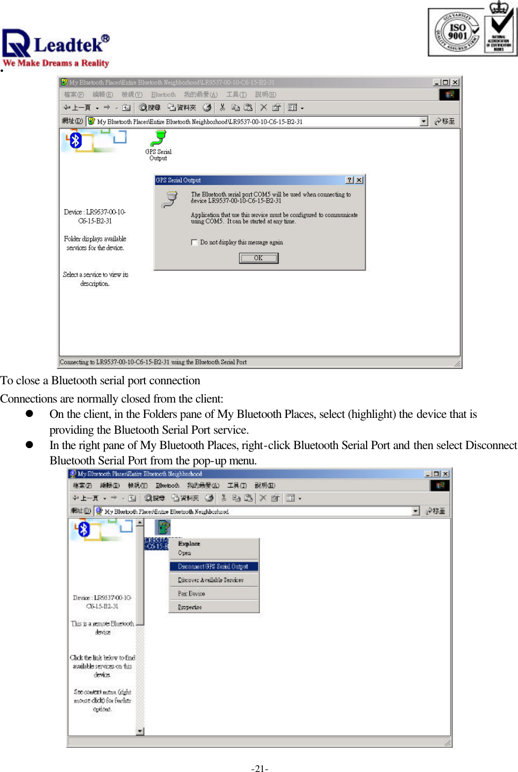                                                                              . -  - 21 To close a Bluetooth serial port connection Connections are normally closed from the client: l On the client, in the Folders pane of My Bluetooth Places, select (highlight) the device that is providing the Bluetooth Serial Port service. l In the right pane of My Bluetooth Places, right-click Bluetooth Serial Port and then select Disconnect Bluetooth Serial Port from the pop-up menu.  