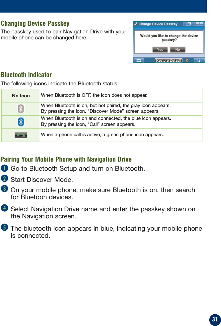 31Changing Device PasskeyThe passkey used to pair Navigation Drive with yourmobile phone can be changed here.Bluetooth IndicatorThe following icons indicate the Bluetooth status:No Icon When Bluetooth is OFF, the icon does not appear.When Bluetooth is on, but not paired, the gray icon appears.By pressing the icon, “Discover Mode” screen appears.When Bluetooth is on and connected, the blue icon appears.By pressing the icon, “Call” screen appears.When a phone call is active, a green phone icon appears.Pairing Your Mobile Phone with Navigation Drive Go to Bluetooth Setup and turn on Bluetooth. Start Discover Mode. On your mobile phone, make sure Bluetooth is on, then searchfor Bluetooh devices. Select Navigation Drive name and enter the passkey shown onthe Navigation screen.The bluetooth icon appears in blue, indicating your mobile phoneis connected.54321