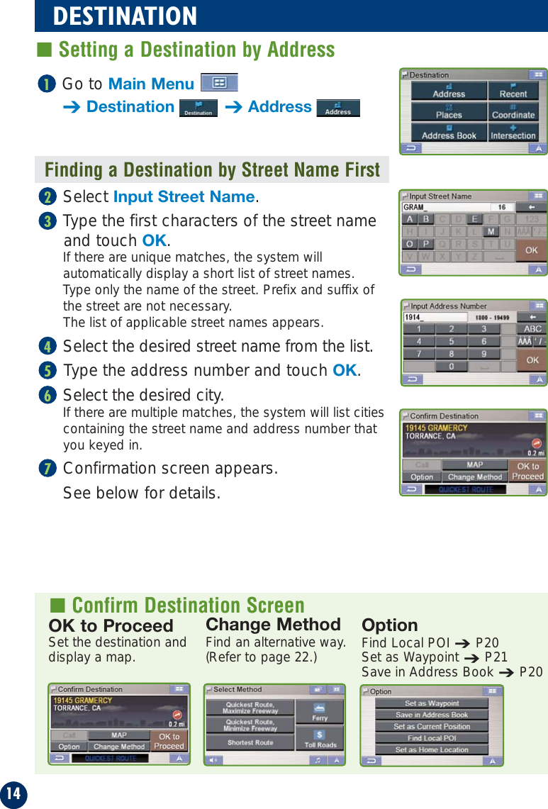 14DESTINATION■ Setting a Destination by AddressFinding a Destination by Street Name FirstOK to ProceedSet the destination anddisplay a map.OptionFind Local POI➔P20Set as Waypoint➔P21Save in Address Book➔P20Change MethodFind an alternative way. (Refer to page 22.)Go to Main Menu➔Destination ➔Address1■ Confirm Destination ScreenSelect Input Street Name.Type the first characters of the street nameand touch OK.If there are unique matches, the system willautomatically display a short list of street names. Type only the name of the street. Prefix and suffix ofthe street are not necessary. The list of applicable street names appears. Select the desired street name from the list.Type the address number and touch OK.Select the desired city.If there are multiple matches, the system will list citiescontaining the street name and address number thatyou keyed in.Confirmation screen appears. See below for details.765432