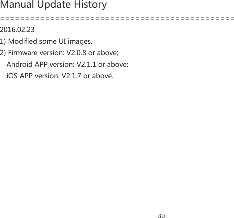 30 Manual Update History =============================================== 2016.02.23 1) Modified some UI images. 2) Firmware version: V2.0.8 or above; Android APP version: V2.1.1 or above; iOS APP version: V2.1.7 or above.   