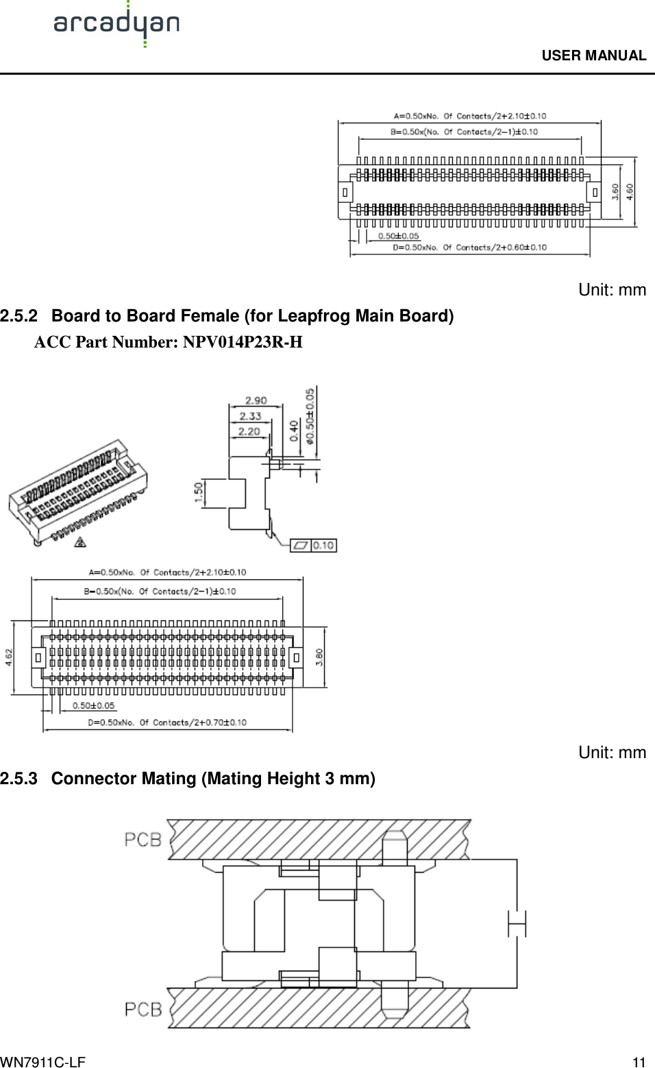                                              USER MANUAL                                              WN7911C-LF  11  Unit: mm 2.5.2  Board to Board Female (for Leapfrog Main Board) ACC Part Number: NPV014P23R-H         Unit: mm 2.5.3  Connector Mating (Mating Height 3 mm)  