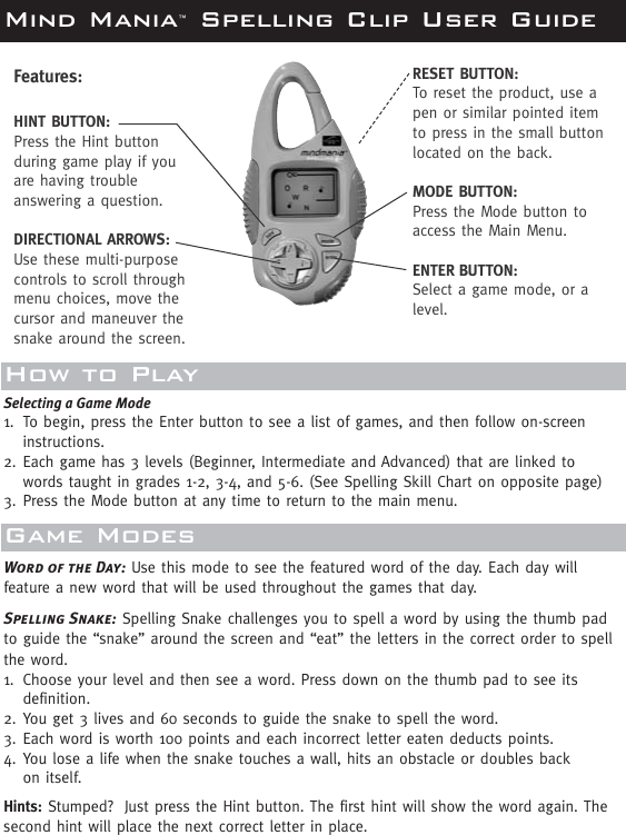 Page 4 of 6 - Leapfrog Leapfrog-Mind-Mania-Spelling-Clip-Users-Manual- 40205_MMS_PGF2_030503  Leapfrog-mind-mania-spelling-clip-users-manual
