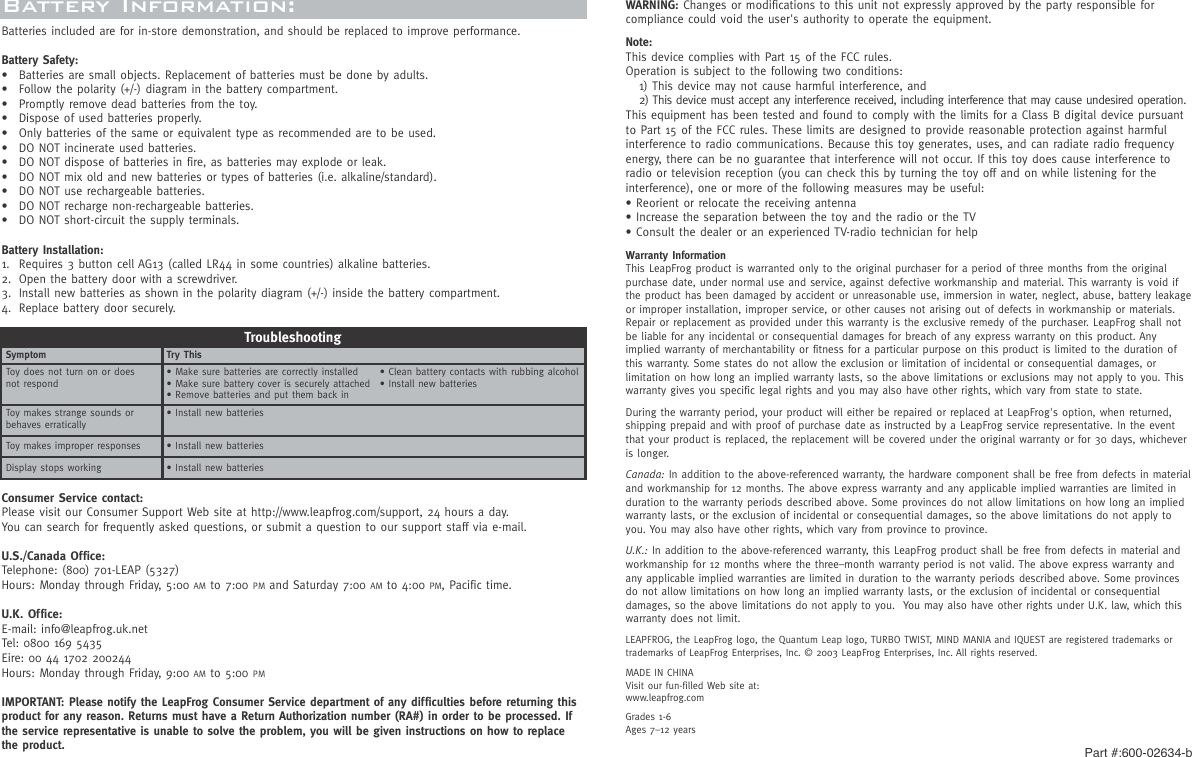 Page 6 of 6 - Leapfrog Leapfrog-Mind-Mania-Spelling-Clip-Users-Manual- 40205_MMS_PGF2_030503  Leapfrog-mind-mania-spelling-clip-users-manual