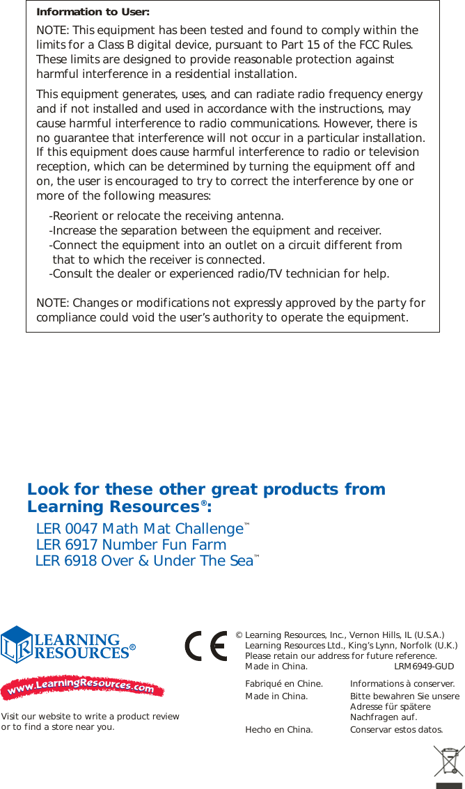 Page 8 of 8 - Learning-Resources Learning-Resources-Learning-Resources-Inc-Baby-Gym-Ler-6949-Users-Manual-  Learning-resources-learning-resources-inc-baby-gym-ler-6949-users-manual