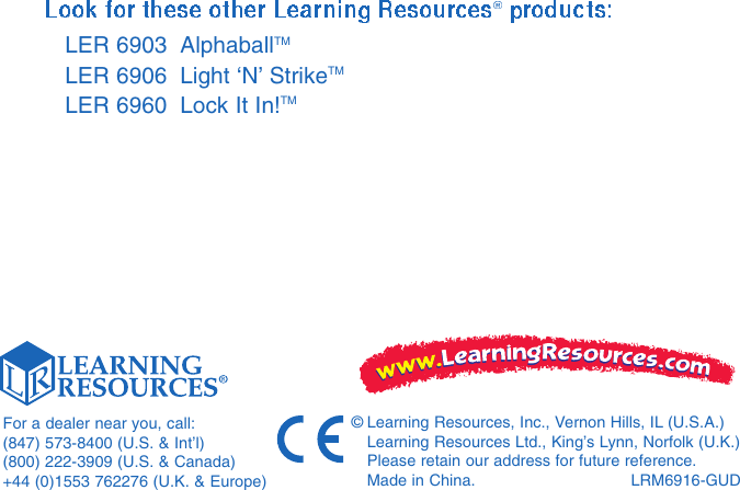 Page 12 of 12 - Learning-Resources Learning-Resources-Learning-Resources-Inc-Baby-Toy-Ler-6916-Users-Manual-  Learning-resources-learning-resources-inc-baby-toy-ler-6916-users-manual