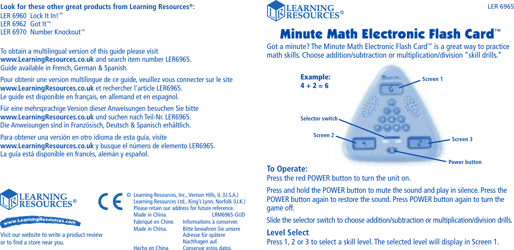 Learning Resources Minute Math Electronic Flash Card Ler 6960 Users Manual
