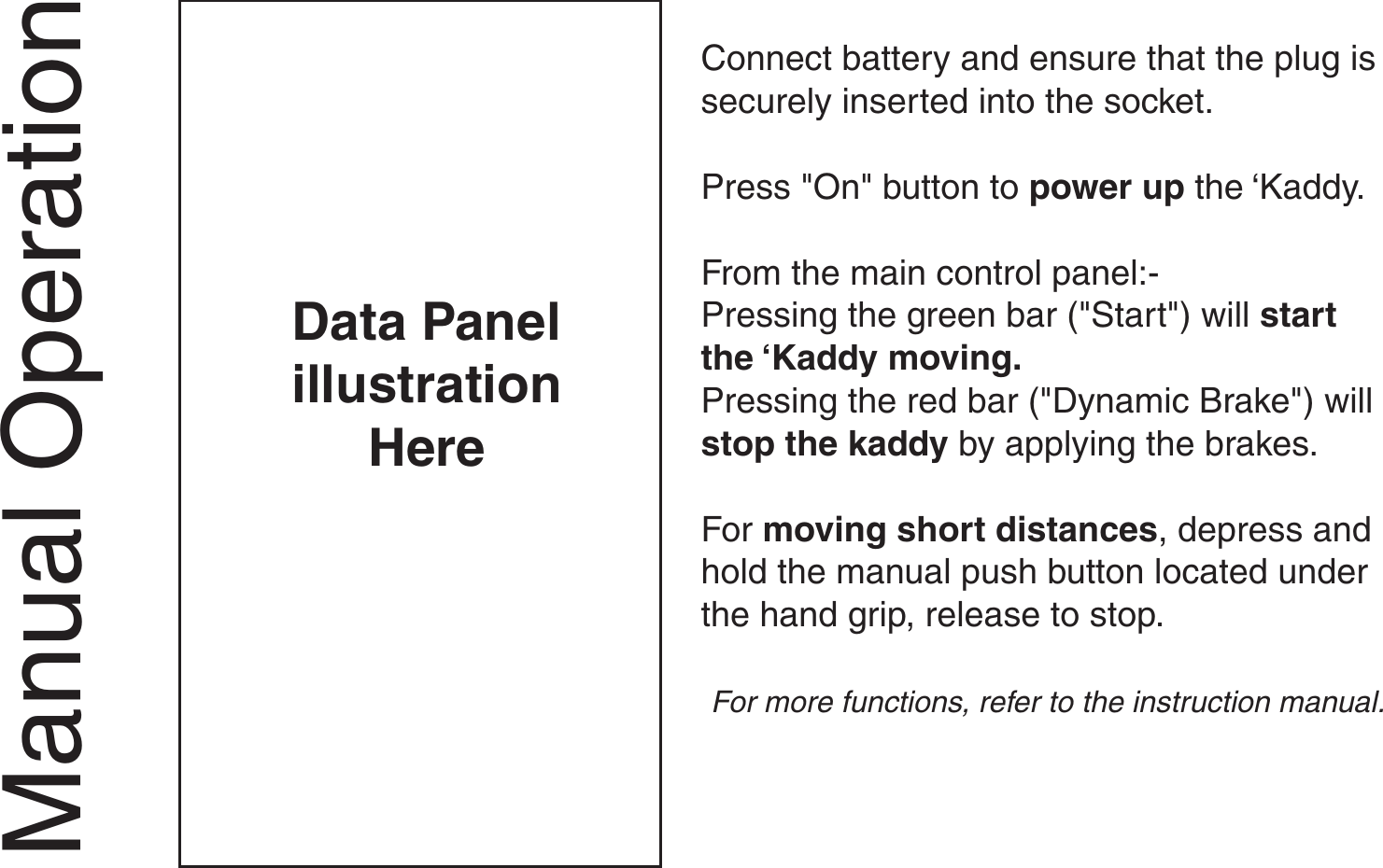 Manual OperationConnect battery and ensure that the plug issecurely inserted into the socket.Press &quot;On&quot; button to power up the ‘Kaddy.From the main control panel:-Pressing the green bar (&quot;Start&quot;) will startthe ‘Kaddy moving.Pressing the red bar (&quot;Dynamic Brake&quot;) willstop the kaddy by applying the brakes.For moving short distances, depress andhold the manual push button located underthe hand grip, release to stop.For more functions, refer to the instruction manual.Data PanelillustrationHere