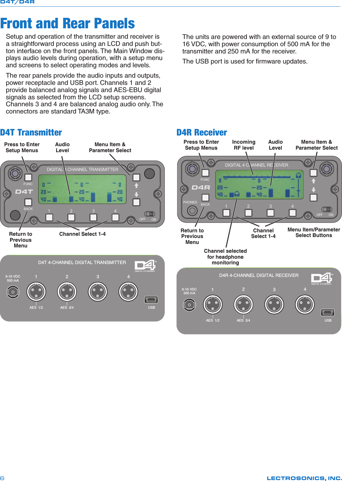 D4T/D4RLECTROSONICS, INC.6Front and Rear PanelsSetup and operation of the transmitter and receiver is a straightforward process using an LCD and push but-ton interface on the front panels. The Main Window dis-plays audio levels during operation, with a setup menu and screens to select operating modes and levels.The rear panels provide the audio inputs and outputs, powerreceptacleandUSBport.Channels1and2provide balanced analog signals and AES-EBU digital signals as selected from the LCD setup screens. Channels 3 and 4 are balanced analog audio only. The connectors are standard TA3M type.D4T TransmitterFUNCBACKOFF ON1234DIGITAL 4 CHANNEL TRANSMITTERChannel Select 1-4Menu Item &amp; Parameter SelectReturn to Previous MenuPress to Enter Setup MenusAudio LevelUSBAES  3/412349-16 VDC500 mAAES  1/2D4T 4-CHANNEL DIGITAL TRANSMITTERThe units are powered with an external source of 9 to 16VDC,withpowerconsumptionof500mAforthetransmitter and 250 mA for the receiver.The USB port is used for ﬁrmware updates.D4R ReceiverFUNCBACKOFF ON1234PHONESDIGITAL 4 CHANNEL RECEIVERChannel Select 1-4Menu Item/Parameter Select ButtonsPress to Enter Setup MenusReturn to Previous MenuChannel selected for headphone monitoringIncoming RF levelMenu Item &amp; Parameter SelectAudio LevelUSBAES  3/412349-16 VDC300 mAAES  1/2D4R 4-CHANNEL DIGITAL RECEIVER