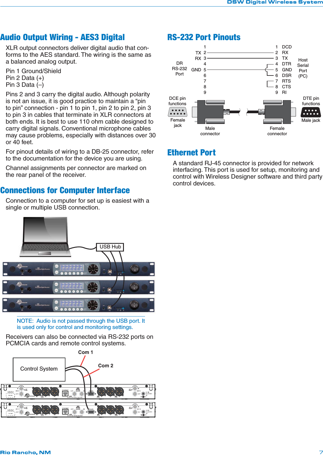 DSW Digital Wireless SystemRio Rancho, NM 7Audio Output Wiring - AES3 DigitalXLR output connectors deliver digital audio that con-forms to the AES standard. The wiring is the same as a balanced analog output.Pin 1 Ground/Shield Pin 2 Data (+) Pin 3 Data (–)Pins 2 and 3 carry the digital audio. Although polarity is not an issue, it is good practice to maintain a “pin to pin” connection - pin 1 to pin 1, pin 2 to pin 2, pin 3 to pin 3 in cables that terminate in XLR connectors at both ends. It is best to use 110 ohm cable designed to carry digital signals. Conventional microphone cables may cause problems, especially with distances over 30 or 40 feet.For pinout details of wiring to a DB-25 connector, refer to the documentation for the device you are using.Channel assignments per connector are marked on the rear panel of the receiver.Connections for Computer InterfaceConnection to a computer for set up is easiest with a single or multiple USB connection.USB HubNOTE:  Audio is not passed through the USB port. It is used only for control and monitoring settings.Receivers can also be connected via RS-232 ports on PCMCIA cards and remote control systems.(   ) (   )AESWORDCLOCKANTPWRAES5 &amp; 6 AES3 &amp; 4 AES1 &amp; 2ANTPWR(   ) (   )AESWORDCLOCKANTPWRAES5 &amp; 6 AES3 &amp; 4 AES1 &amp; 2ANTPWRControl SystemCom 1Com 2RS-232 Port Pinouts123456789123456789DCDRXTXDTRGNDDSRRTSCTSRITXRXGNDHost Serial Port (PC)DR RS-232 PortDTE pin functionsFemale connectorMale connectorDCE pin functionsFemale jackMale jackEthernet PortA standard RJ-45 connector is provided for network interfacing. This port is used for setup, monitoring and control with Wireless Designer software and third party control devices.