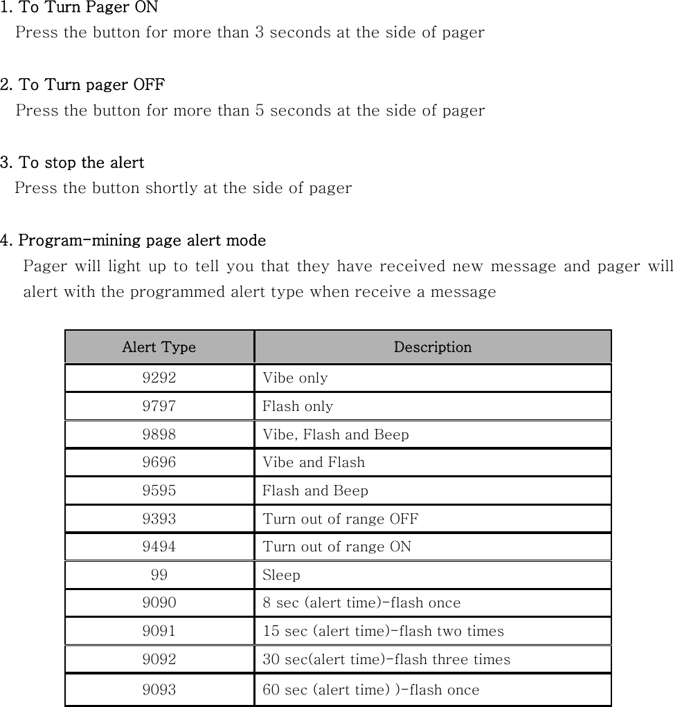 1. To Turn Pager ON     Press the button for more than 3 seconds at the side of pager   2. To Turn pager OFF Press the button for more than 5 seconds at the side of pager  3. To stop the alert   Press the button shortly at the side of pager  4. Program-mining page alert mode    Pager will light up to tell you that they have received new message and pager will alert with the programmed alert type when receive a message  Alert Type Description 9292  Vibe only 9797  Flash only 9898  Vibe, Flash and Beep 9696  Vibe and Flash 9595  Flash and Beep 9393  Turn out of range OFF 9494  Turn out of range ON 99  Sleep 9090  8 sec (alert time)-flash once 9091  15 sec (alert time)-flash two times 9092  30 sec(alert time)-flash three times 9093  60 sec (alert time) )-flash once        
