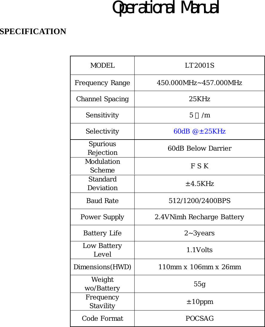 Operational Manual  SPECIFICATION   MODEL  LT2001S Frequency Range  450.000MHz~457.000MHz Channel Spacing  25KHz Sensitivity  5 ㎶/m Selectivity  60dB @±25KHz Spurious Rejection  60dB Below Darrier Modulation Scheme  F S K Standard Deviation  ±4.5KHz Baud Rate  512/1200/2400BPS Power Supply  2.4VNimh Recharge Battery Battery Life  2~3years Low Battery Level  1.1Volts Dimensions(HWD)  110mm x 106mm x 26mm Weight wo/Battery  55g Frequency Stavility  ±10ppm Code Format  POCSAG             