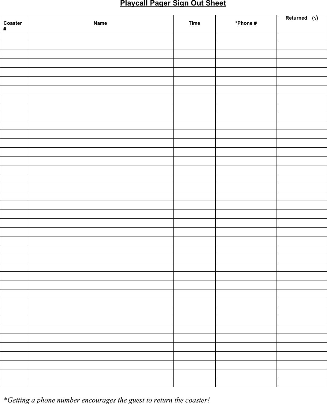 Playcall Pager Sign Out SheetCoaster #Name Time *Phone # Returned  ()                                                                                                                                                                                                                                                  *Getting a phone number encourages the guest to return the coaster!