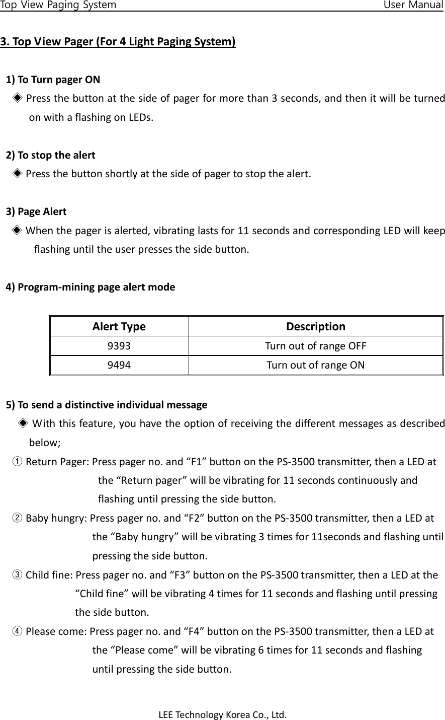 LEETechnology KoreaCo.,Ltd.Top View Paging System                                                   User Manual 3.TopViewPager(For4LightPagingSystem)1)ToTurnpagerON◈Pressthebuttonatthesideofpagerformorethan3seconds,andthenitwillbeturnedonwithaflashingonLEDs.2)Tostopthealert◈Pressthebuttonshortlyatthesideofpagertostopthealert.3)PageAlert◈Whenthepagerisalerted,vibratinglastsfor11secondsandcorrespondingLEDwillkeepflashinguntiltheuserpressesthesidebutton.4)Program‐miningpagealertmodeAlertTypeDescription9393TurnoutofrangeOFF9494TurnoutofrangeON5)Tosendadistinctiveindividualmessage◈Withthisfeature,youhavetheoptionofreceivingthedifferentmessagesasdescribedbelow;①ReturnPager:Presspagerno.and“F1”buttononthePS‐3500transmitter,thenaLEDatthe“Returnpager”willbevibratingfor11secondscontinuouslyandflashinguntilpressingthesidebutton.②Babyhungry:Presspagerno.and“F2”buttononthePS‐3500transmitter,thenaLEDatthe“Babyhungry”willbevibrating3timesfor11secondsandflashinguntilpressingthesidebutton.③Childfine:Presspagerno.and“F3”buttononthePS‐3500transmitter,thenaLEDatthe“Childfine”willbevibrating4timesfor11secondsandflashinguntilpressingthesidebutton.④Pleasecome:Presspagerno.and“F4”buttononthePS‐3500transmitter,thenaLEDatthe“Pleasecome”willbevibrating6timesfor11secondsandflashinguntilpressingthesidebutton.