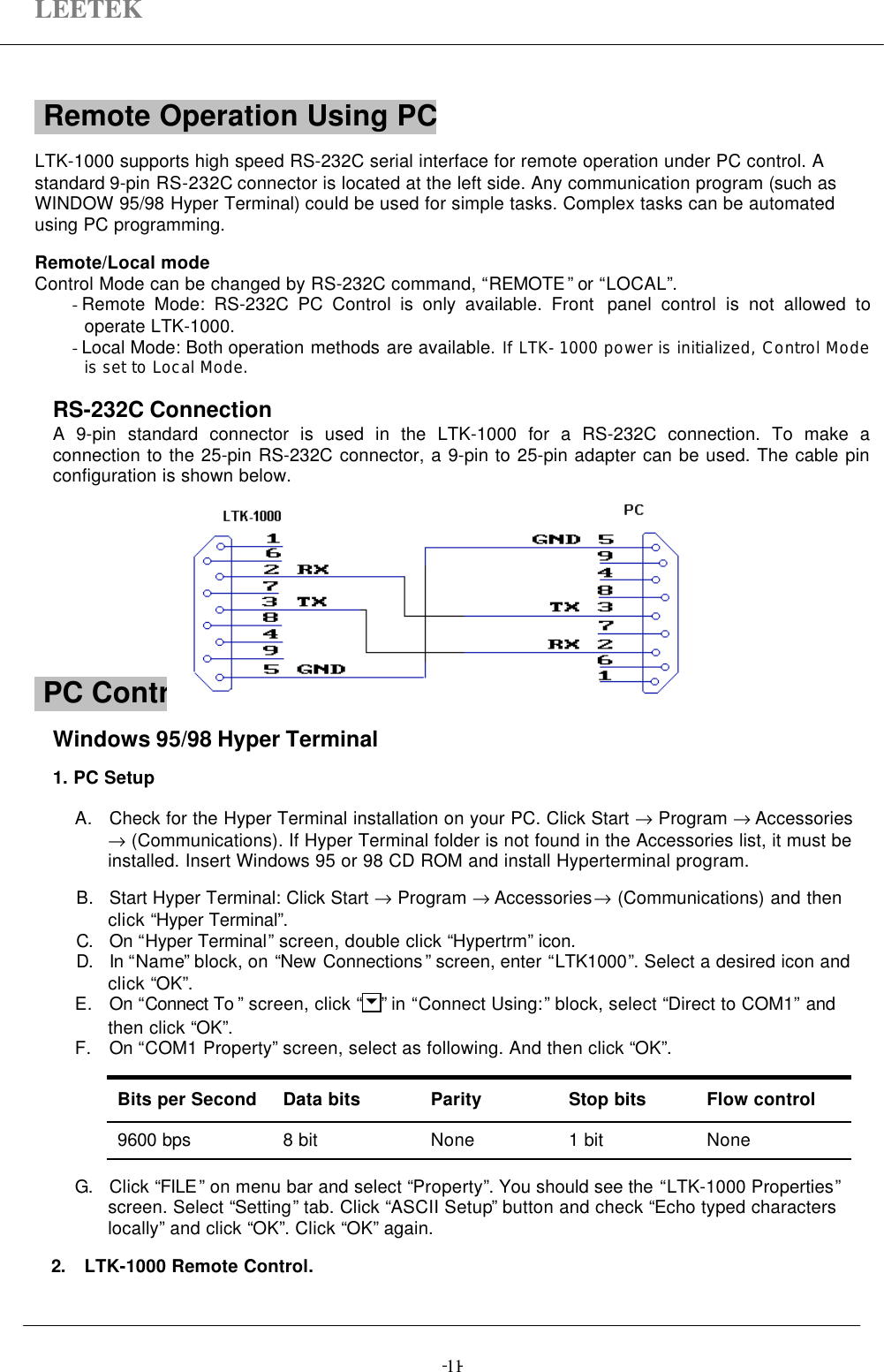 LEETEK-  -11 Remote Operation Using PC   LTK-1000 supports high speed RS-232C serial interface for remote operation under PC control. Astandard 9-pin RS-232C connector is located at the left side. Any communication program (such asWINDOW 95/98 Hyper Terminal) could be used for simple tasks. Complex tasks can be automatedusing PC programming.Remote/Local modeControl Mode can be changed by RS-232C command, “REMOTE” or “LOCAL”.- Remote Mode: RS-232C PC Control is only available. Front  panel control is not allowed tooperate LTK-1000.- Local Mode: Both operation methods are available. If LTK-1000 power is initialized, Control Modeis set to Local Mode.RS-232C ConnectionA 9-pin standard connector is used in the LTK-1000 for a RS-232C connection. To make aconnection to the 25-pin RS-232C connector, a 9-pin to 25-pin adapter can be used. The cable pinconfiguration is shown below. RS-232C Connection PC Control Using Communication ProgramWindows 95/98 Hyper Terminal1. PC SetupA. Check for the Hyper Terminal installation on your PC. Click Start → Program → Accessories→ (Communications). If Hyper Terminal folder is not found in the Accessories list, it must beinstalled. Insert Windows 95 or 98 CD ROM and install Hyperterminal program.B. Start Hyper Terminal: Click Start → Program → Accessories→ (Communications) and thenclick “Hyper Terminal”.C. On “Hyper Terminal” screen, double click “Hypertrm” icon.D. In “Name” block, on “New Connections” screen, enter “LTK1000”. Select a desired icon andclick “OK”.E. On “Connect To ” screen, click “u” in “Connect Using:” block, select “Direct to COM1” andthen click “OK”.F. On “COM1 Property” screen, select as following. And then click “OK”.Bits per Second Data bits Parity Stop bits Flow control9600 bps 8 bit None 1 bit NoneG. Click “FILE” on menu bar and select “Property”. You should see the “LTK-1000 Properties”screen. Select “Setting” tab. Click “ASCII Setup” button and check “Echo typed characterslocally” and click “OK”. Click “OK” again.2. LTK-1000 Remote Control.