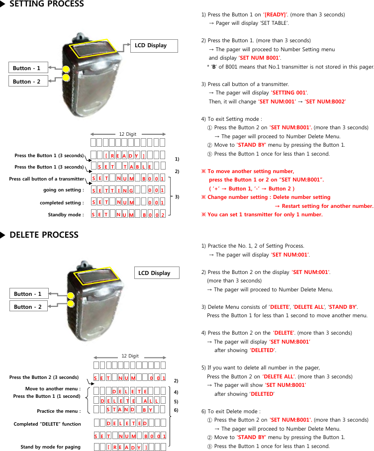 ▶ SETTING PROCESS1) Press the Button 1 on ‘[READY]’. (more than 3 seconds)    → Pager will display ‘SET TABLE’.2) Press the Button 1. (more than 3 seconds)    → The pager will proceed to Number Setting menu    and display ‘SET NUM B001’.   * ‘B’ of B001 means that No.1 transmitter is not stored in this pager.     3) Press call button of a transmitter.    → The pager will display &apos;SETTING 001&apos;.    Then, it will change ‘SET NUM:001’ → ‘SET NUM:B002’4) To exit Setting mode :   ① Press the Button 2 on &apos;SET NUM:B001&apos;. (more than 3 seconds)       → The pager will proceed to Number Delete Menu.   ② Move to &apos;STAND BY&apos; menu by pressing the Button 1.   ③ Press the Button 1 once for less than 1 second.※ To move another setting number,     press the Button 1 or 2 on “SET NUM:B001”.      ( ‘+’ → Button 1, ‘-‘ → Button 2 )※ Change number setting : Delete number setting                                                     → Restart setting for another number.  ※ You can set 1 transmitter for only 1 number.▶ DELETE PROCESS1) Practice the No. 1, 2 of Setting Process.    → The pager will display ‘SET NUM:001’.2) Press the Button 2 on the display &apos;SET NUM:001&apos;.   (more than 3 seconds)      → The pager will proceed to Number Delete Menu.  3) Delete Menu consists of ‘DELETE’, ‘DELETE ALL’, ‘STAND BY’.   Press the Button 1 for less than 1 second to move another menu. 4) Press the Button 2 on the ‘DELETE’. (more than 3 seconds)   → The pager will display ‘SET NUM:B001’       after showing ‘DELETED’.5) If you want to delete all number in the pager,   Press the Button 2 on ‘DELETE ALL’. (more than 3 seconds)   → The pager will show ‘SET NUM:B001’       after showing ‘DELETED’6) To exit Delete mode :   ① Press the Button 2 on &apos;SET NUM:B001&apos;. (more than 3 seconds)       → The pager will proceed to Number Delete Menu.   ② Move to &apos;STAND BY&apos; menu by pressing the Button 1.   ③ Press the Button 1 once for less than 1 second.Button - 1Button - 2LCD Display12 DigitPress the Button 1 (3 seconds)Press the Button 1 (3 seconds)Press call button of a transmittercompleted setting :going on setting :Standby mode :1)2)3)Press the Button 2 (3 seconds)Move to another menu :Press the Button 1 (1 second)Practice the menu :Completed “DELETE” functionStand by mode for pagingButton - 1Button - 2LCD DisplayNSET UM 0 01NSTA D BYDE L E TEDE L E T EDLDE L E TE A LSET TABLENSET UM B0 01SETT ING 001001NSET UMNSET UM 0 02B2)5)6)4)RE ADY[]12 DigitRE ADY[]NSET UM B0 01