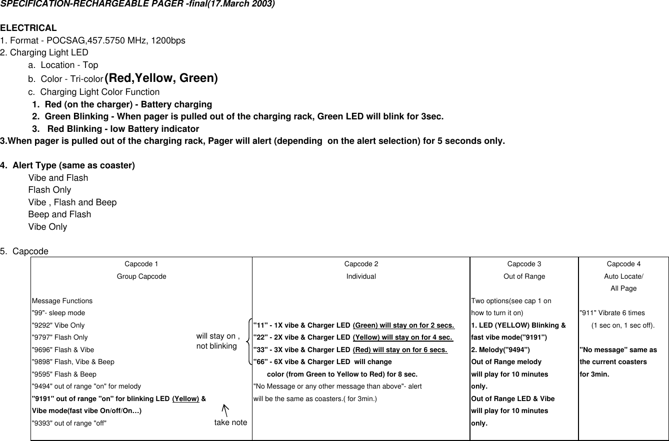 SPECIFICATION-RECHARGEABLE PAGER -final(17.March 2003)ELECTRICAL1. Format - POCSAG,457.5750 MHz, 1200bps2. Charging Light LEDa.  Location - Topb.  Color - Tri-color (Red,Yellow, Green)c.  Charging Light Color Function1.  Red (on the charger) - Battery charging2.  Green Blinking - When pager is pulled out of the charging rack, Green LED will blink for 3sec.3.   Red Blinking - low Battery indicator3.When pager is pulled out of the charging rack, Pager will alert (depending  on the alert selection) for 5 seconds only.4.  Alert Type (same as coaster)  Vibe and FlashFlash OnlyVibe , Flash and BeepBeep and FlashVibe Only5.  Capcode Capcode 1 Capcode 2 Capcode 3 Capcode 4Group Capcode Individual Out of Range Auto Locate/All PageMessage Functions Two options(see cap 1 on &quot;99&quot;- sleep mode how to turn it on) &quot;911&quot; Vibrate 6 times&quot;9292&quot; Vibe Only &quot;11&quot; - 1X vibe &amp; Charger LED (Green) will stay on for 2 secs. 1. LED (YELLOW) Blinking &amp;         (1 sec on, 1 sec off).&quot;9797&quot; Flash Only &quot;22&quot; - 2X vibe &amp; Charger LED (Yellow) will stay on for 4 sec. fast vibe mode(&quot;9191&quot;)&quot;9696&quot; Flash &amp; Vibe &quot;33&quot; - 3X vibe &amp; Charger LED (Red) will stay on for 6 secs. 2. Melody(&quot;9494&quot;) &quot;No message&quot; same as&quot;9898&quot; Flash, Vibe &amp; Beep  &quot;66&quot; - 6X vibe &amp; Charger LED  will change Out of Range melody the current coasters&quot;9595&quot; Flash &amp; Beep        color (from Green to Yellow to Red) for 8 sec. will play for 10 minutes for 3min.&quot;9494&quot; out of range &quot;on&quot; for melody &quot;No Message or any other message than above&quot;- alert  only. &quot;9191&quot; out of range &quot;on&quot; for blinking LED (Yellow) &amp; will be the same as coasters.( for 3min.) Out of Range LED &amp; VibeVibe mode(fast vibe On/off/On…) will play for 10 minutes&quot;9393&quot; out of range &quot;off&quot; only.  will stay on ,not blinkingtake note