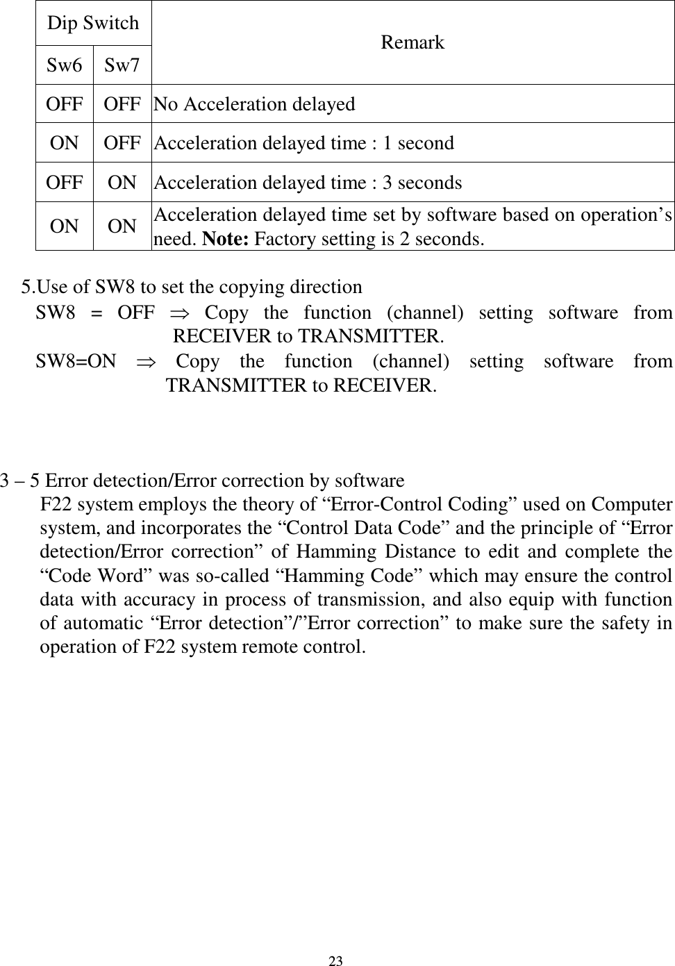   23 Dip Switch Sw6 Sw7 Remark OFF OFF No Acceleration delayed ON  OFF Acceleration delayed time : 1 second OFF ON  Acceleration delayed time : 3 seconds ON  ON Acceleration delayed time set by software based on operation&rsquo;s need. Note: Factory setting is 2 seconds.       5.Use of SW8 to set the copying direction SW8  =  OFF    Copy  the  function  (channel)  setting  software  from RECEIVER to TRANSMITTER. SW8=ON    Copy  the  function  (channel)  setting  software  from TRANSMITTER to RECEIVER.    3 &ndash; 5 Error detection/Error correction by software         F22 system employs the theory of &ldquo;Error-Control Coding&rdquo; used on Computer system, and incorporates the &ldquo;Control Data Code&rdquo; and the principle of &ldquo;Error detection/Error  correction&rdquo;  of  Hamming  Distance  to  edit  and  complete  the &ldquo;Code Word&rdquo; was so-called &ldquo;Hamming Code&rdquo; which may ensure the control data with accuracy in process of transmission, and also equip with function of automatic &ldquo;Error detection&rdquo;/&rdquo;Error correction&rdquo; to make sure the safety in operation of F22 system remote control.            
