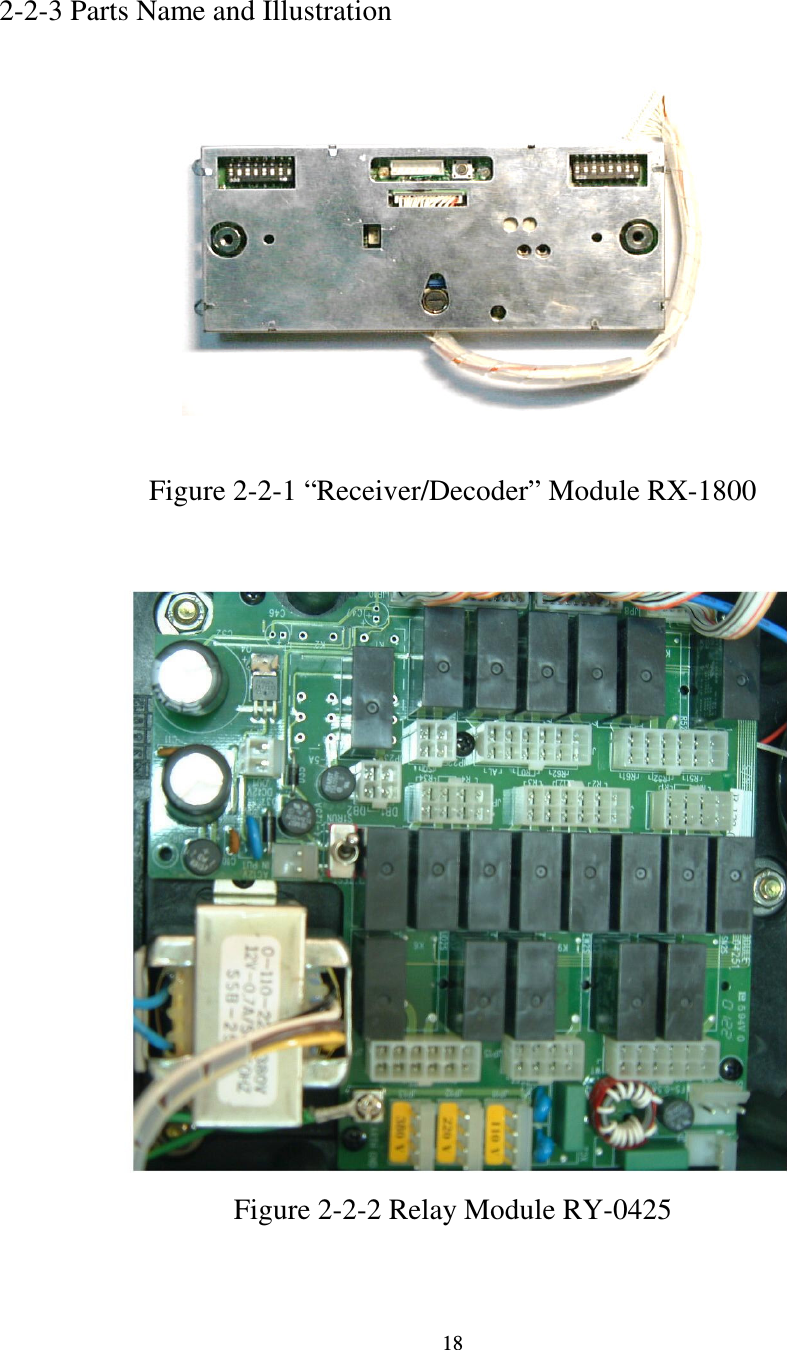   18  2-2-3 Parts Name and Illustration              Figure 2-2-1 &ldquo;Receiver/Decoder&rdquo; Module RX-1800                     Figure 2-2-2 Relay Module RY-0425    