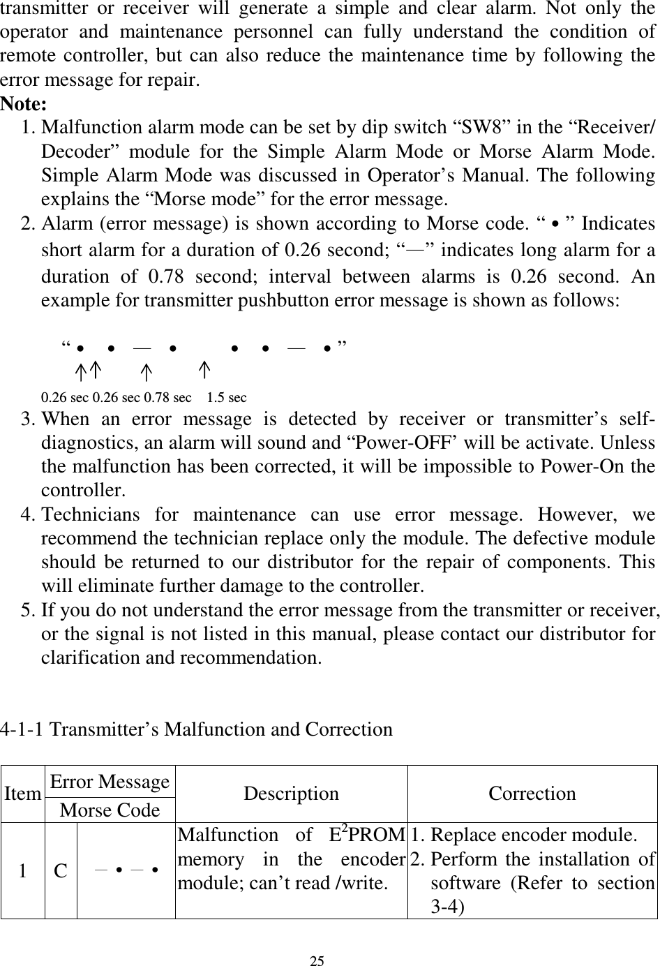   25 transmitter  or  receiver  will  generate  a  simple  and  clear  alarm.  Not  only  the operator  and  maintenance  personnel  can  fully  understand  the  condition  of remote controller,  but  can also  reduce  the  maintenance  time  by following  the error message for repair.     Note: 1. Malfunction alarm mode can be set by dip switch &ldquo;SW8&rdquo; in the &ldquo;Receiver/ Decoder&rdquo;  module  for  the  Simple  Alarm  Mode  or  Morse  Alarm  Mode. Simple Alarm Mode was discussed in Operator&rsquo;s Manual. The following explains the &ldquo;Morse mode&rdquo; for the error message. 2. Alarm (error message) is shown according to Morse code. &ldquo;&rdquo; Indicates short alarm for a duration of 0.26 second; &ldquo;&rdquo; indicates long alarm for a duration  of  0.78  second;  interval  between  alarms  is  0.26  second.  An example for transmitter pushbutton error message is shown as follows:                    &ldquo;&rdquo; 0.26 sec 0.26 sec 0.78 sec    1.5 sec 3. When  an  error  message  is  detected  by  receiver  or  transmitter&rsquo;s  self-diagnostics, an alarm will sound and &ldquo;Power-OFF&rsquo; will be activate. Unless the malfunction has been corrected, it will be impossible to Power-On the controller. 4. Technicians  for  maintenance  can  use  error  message.  However,  we recommend the technician replace only the module. The defective module should  be  returned  to  our  distributor  for  the  repair  of  components.  This will eliminate further damage to the controller. 5. If you do not understand the error message from the transmitter or receiver, or the signal is not listed in this manual, please contact our distributor for clarification and recommendation.       4-1-1 Transmitter&rsquo;s Malfunction and Correction  Error Message Item Morse Code  Description  Correction 1  C &bull;&bull; Malfunction  of  E2PROM memory  in  the  encoder module; can&rsquo;t read /write. 1. Replace encoder module. 2. Perform  the  installation  of software  (Refer  to  section 3-4) 